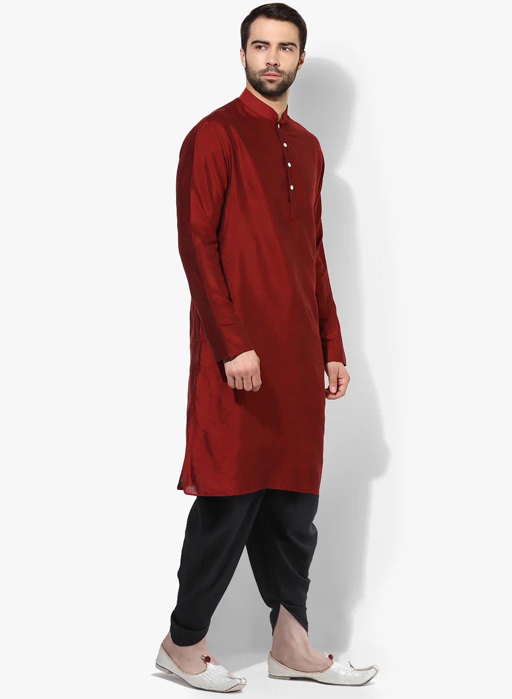 Red Silk Blend Solid Long Kurta - Image 2