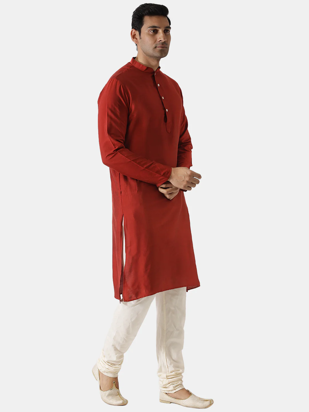 Men Red Solid Kurta Churidar Set - Image 2