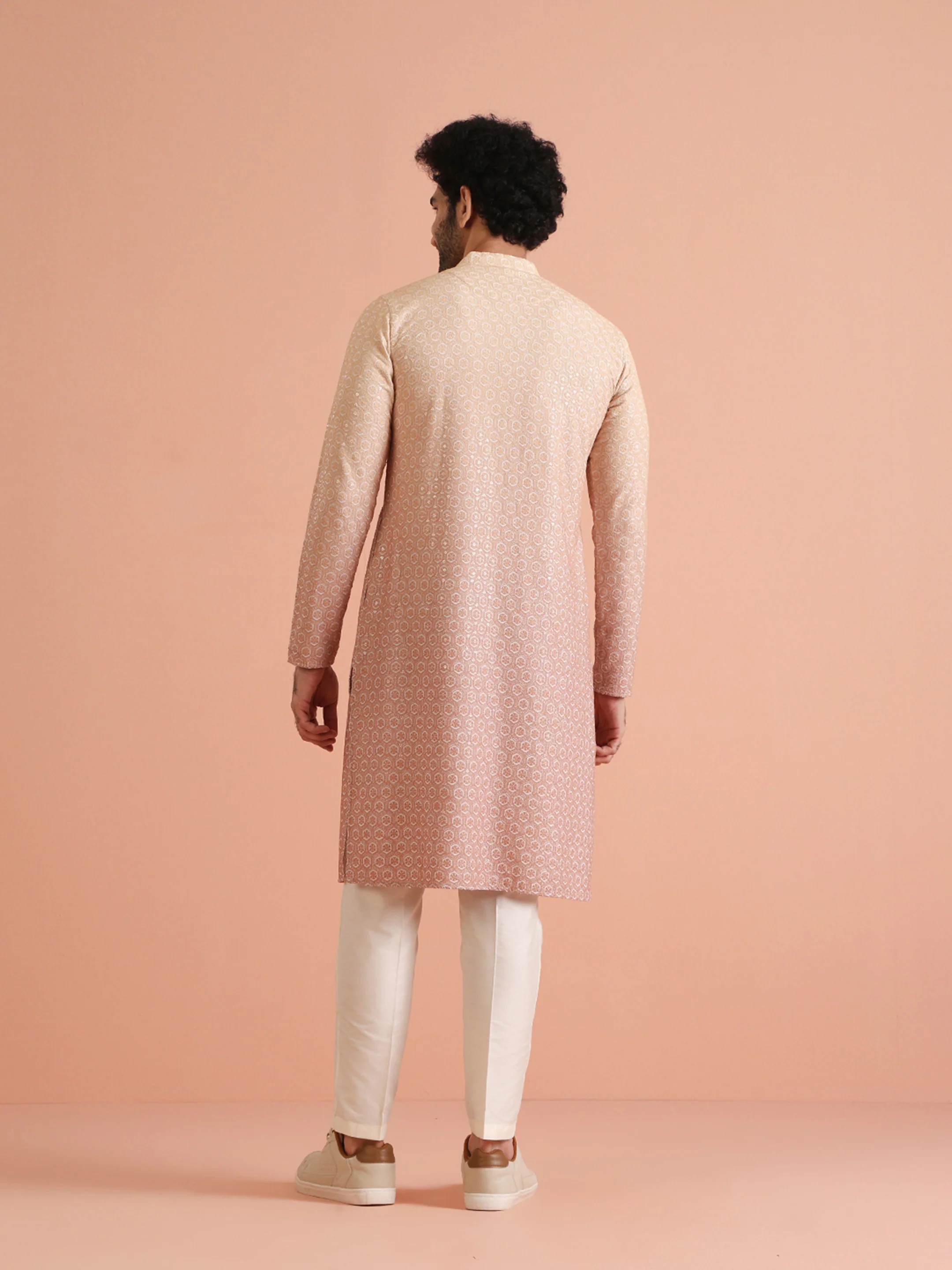 Beige Silk Blend Jacquard Kurta - Image 4