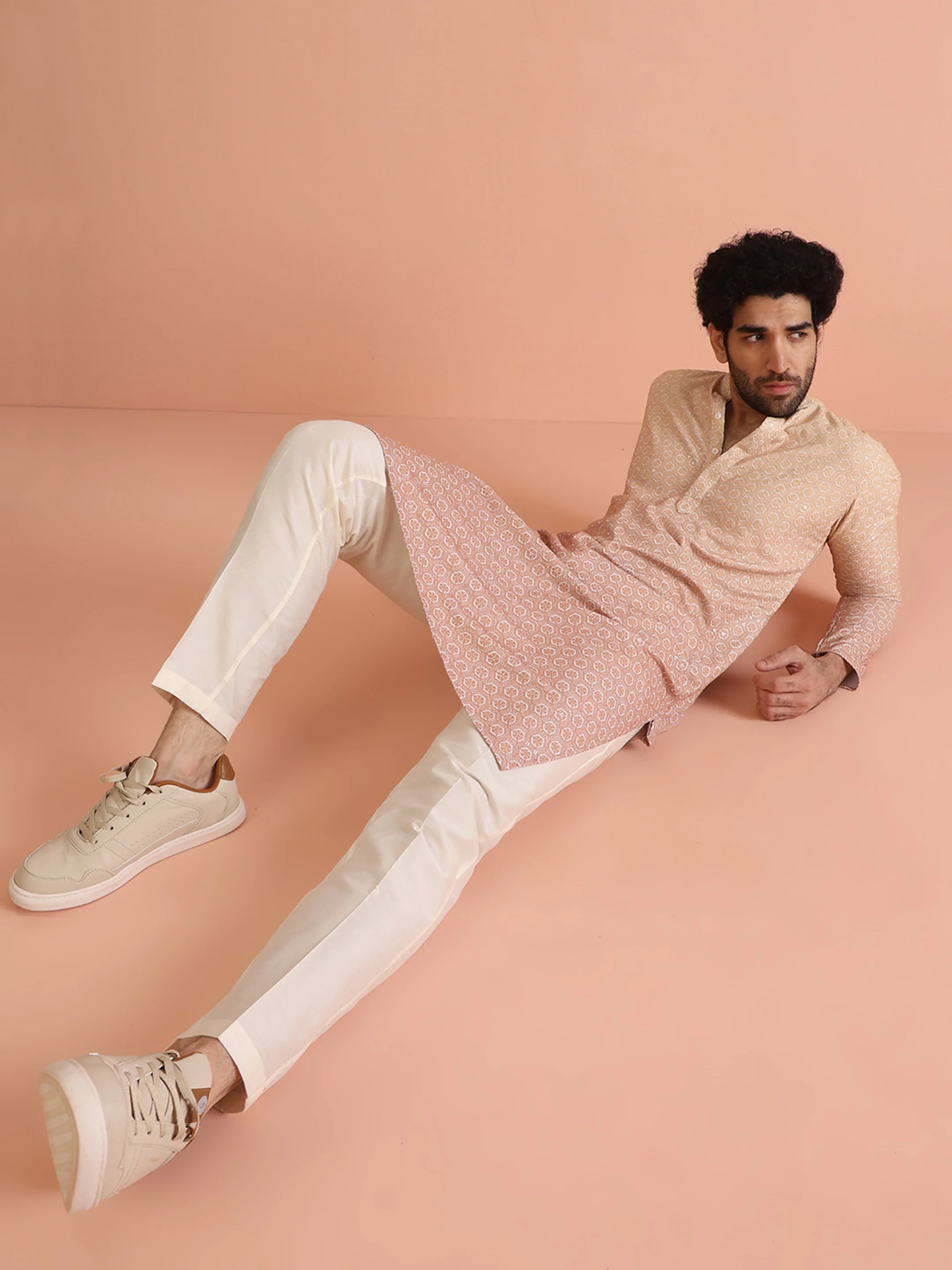 Beige Silk Blend Jacquard Kurta - Image 6