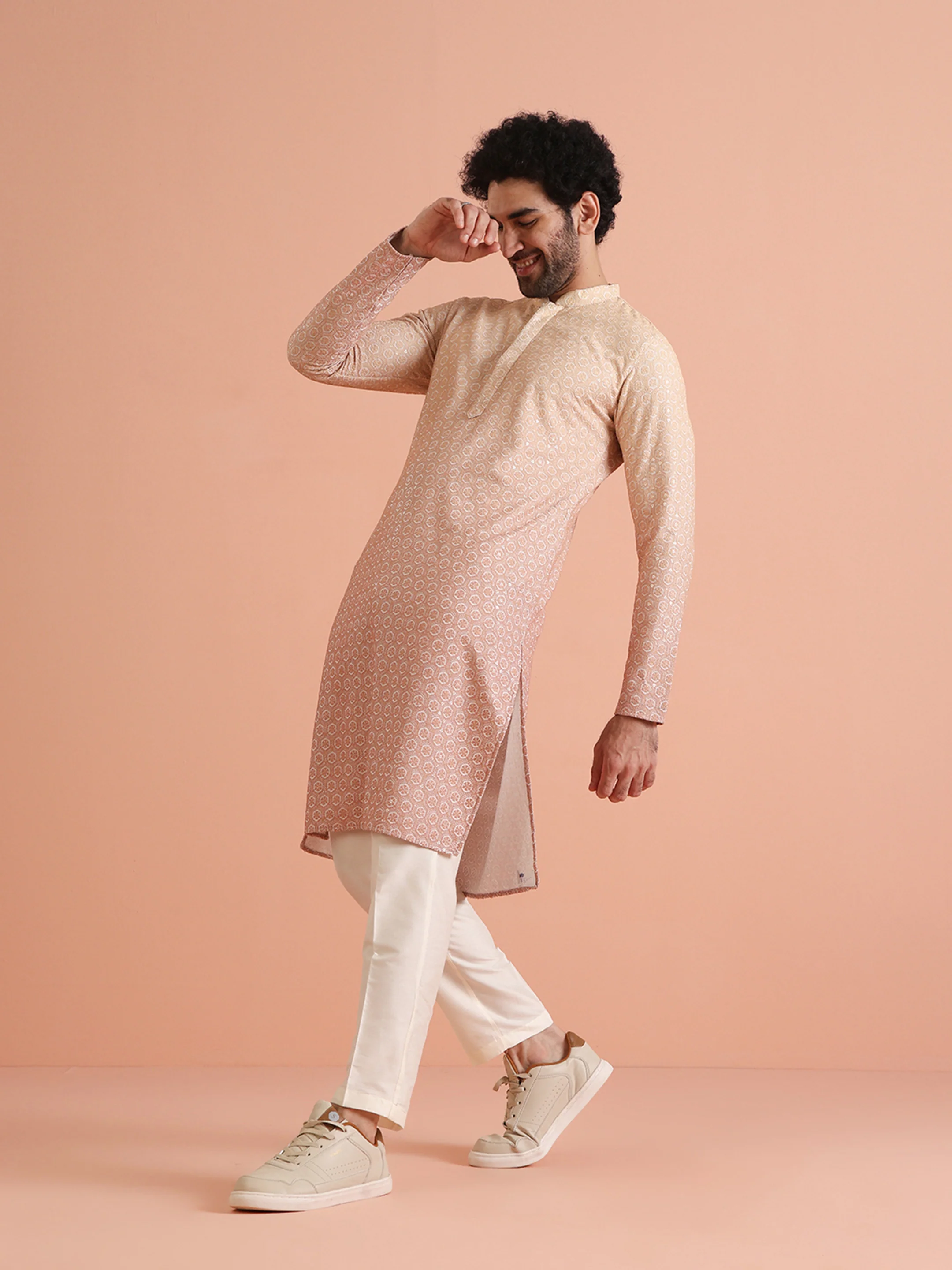 Beige Silk Blend Jacquard Kurta with Trouser - Image 3