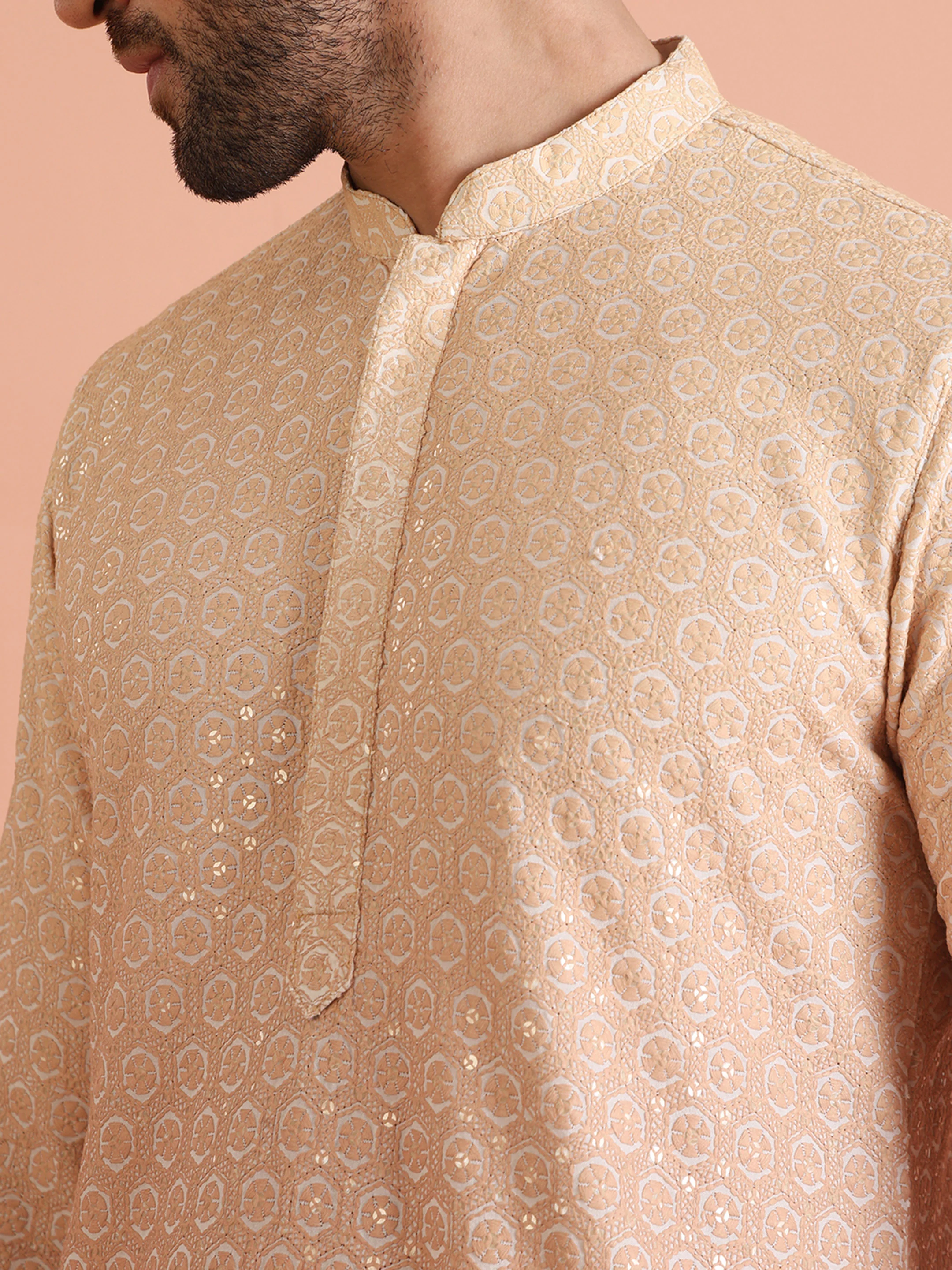 Beige Silk Blend Jacquard Kurta with Trouser - Image 5