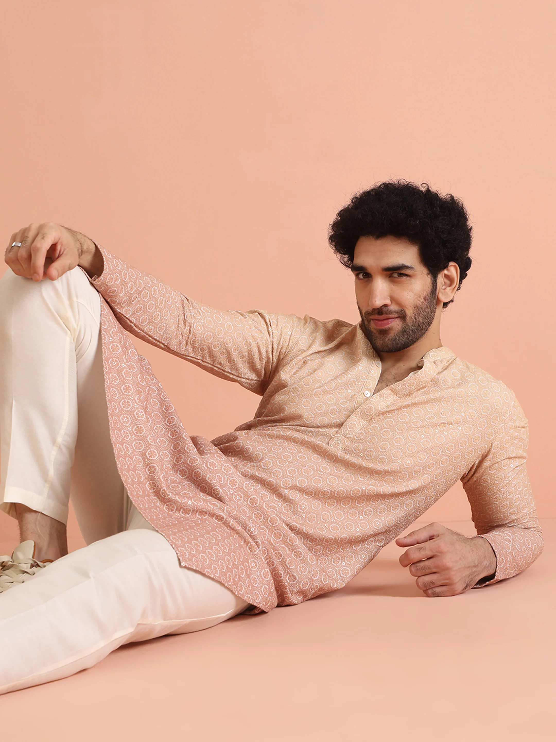 Beige Silk Blend Jacquard Kurta with Trouser - Image 7