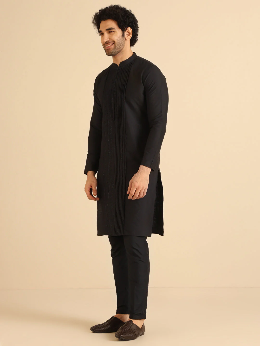 Kisah Men’s Black Cotton Silk Kurta Trouser Set – Pintuck Detail – Solid Ethnic Outfit – Festive Wear - Image 4