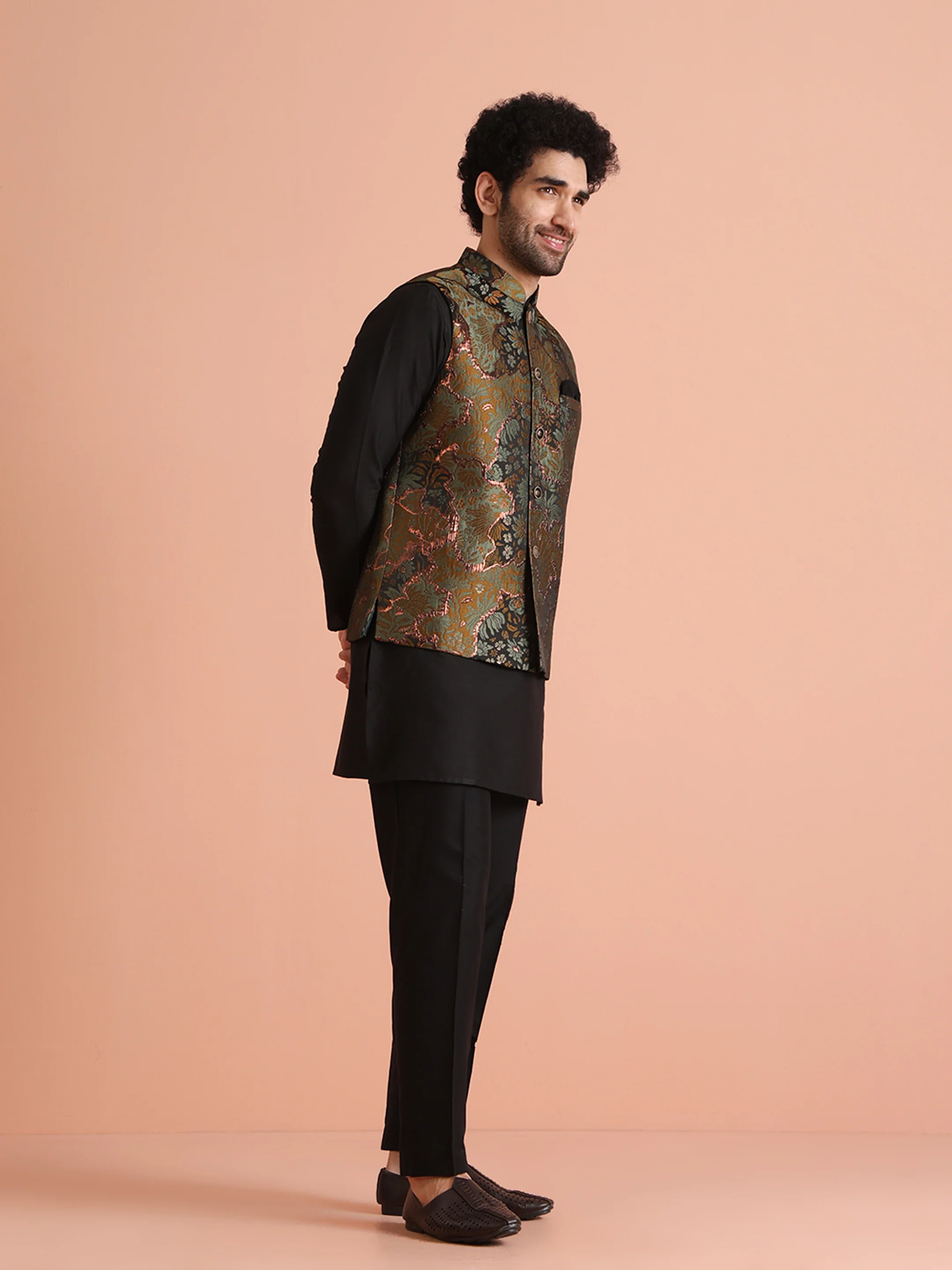 Black Art Silk Metallic Floral Nehru Jacket - Image 2