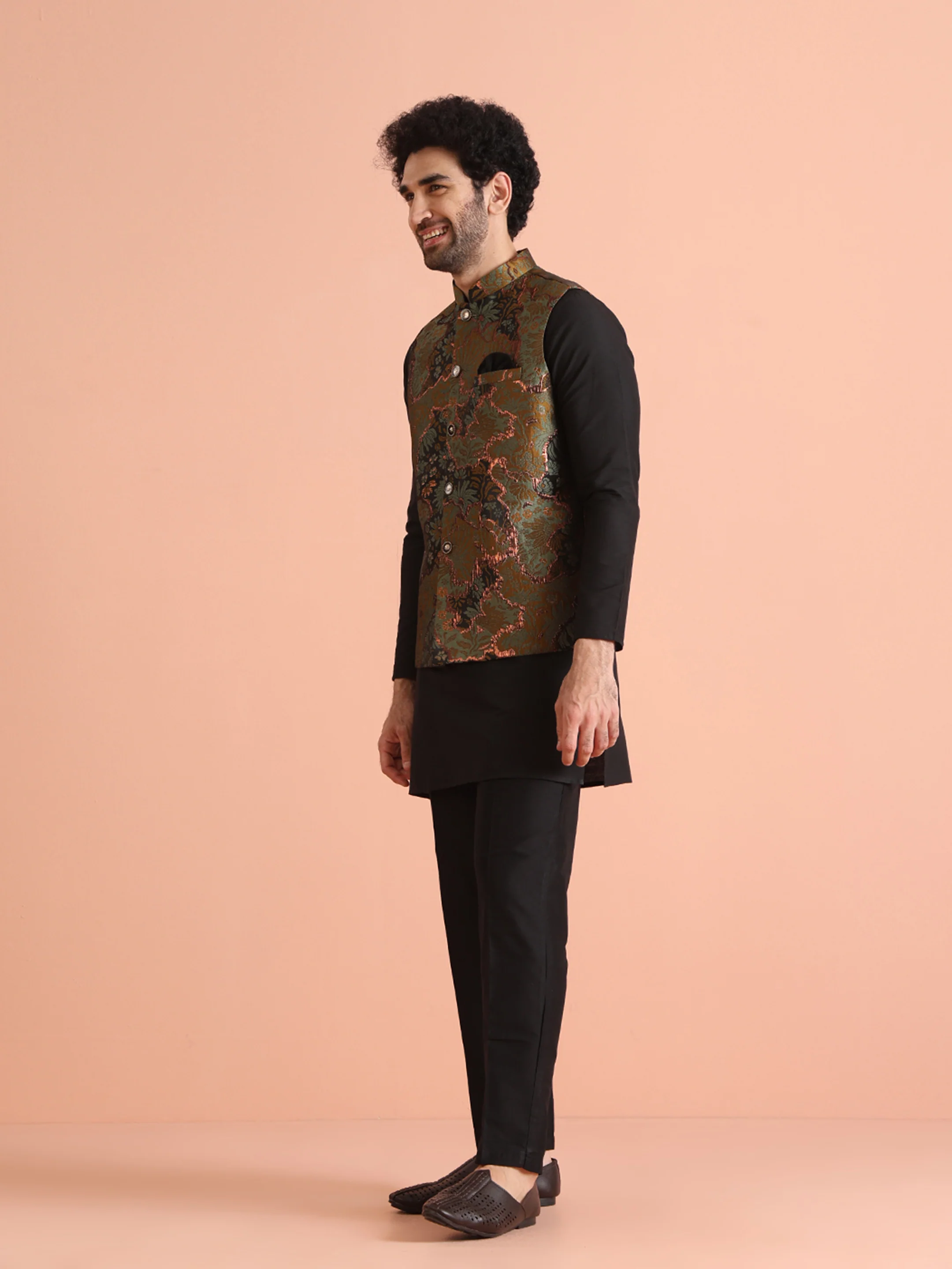 Black Art Silk Metallic Floral Nehru Jacket - Image 3