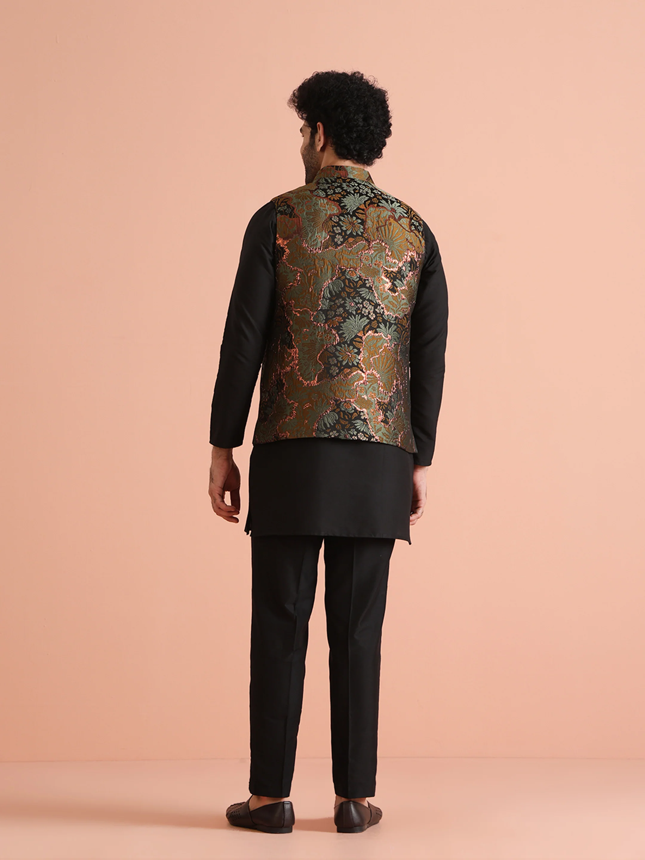 Black Art Silk Metallic Floral Nehru Jacket - Image 4