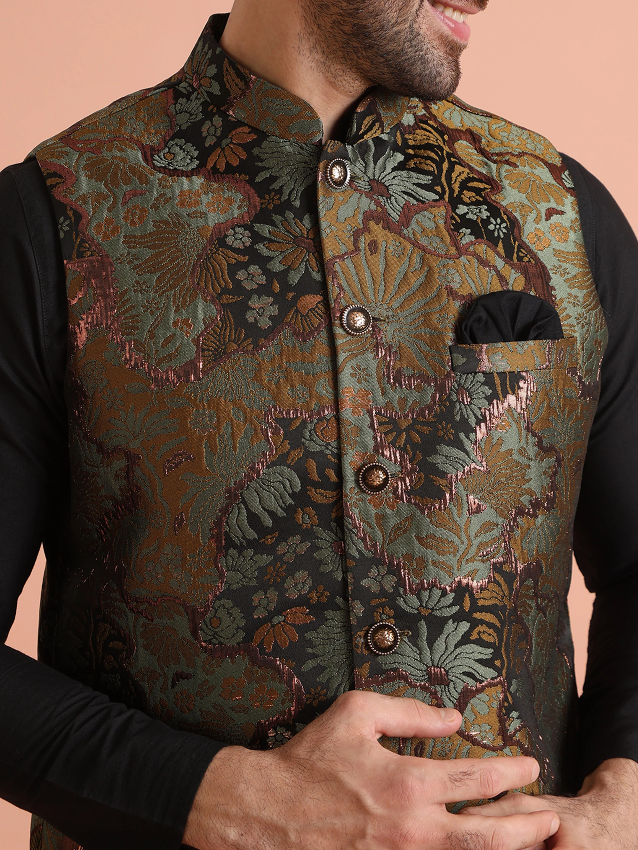 Black Art Silk Metallic Floral Nehru Jacket - Image 5