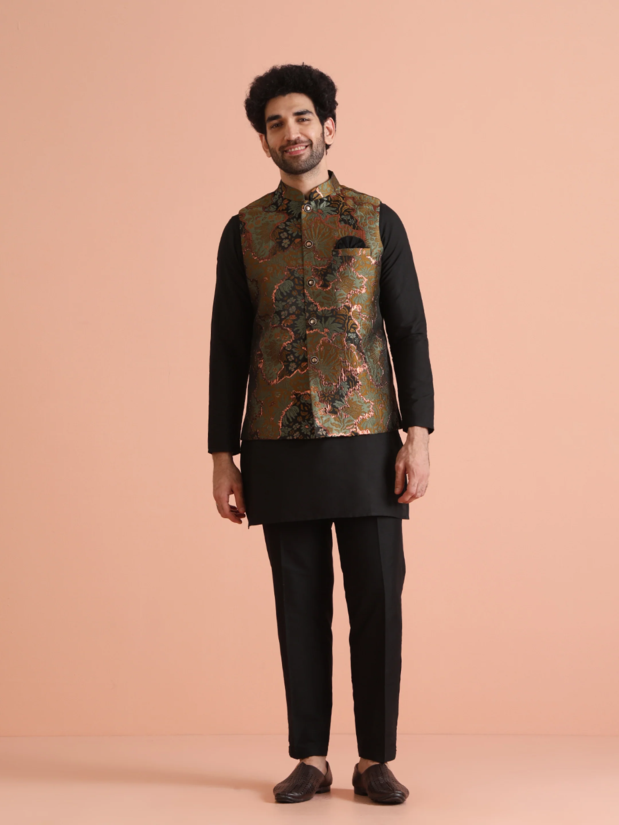 Black Art Silk Metallic Floral Nehru Jacket - Image 7