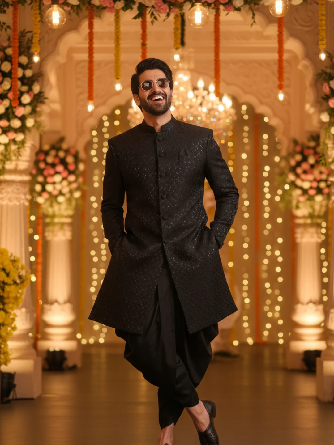 Men Shinny Black Indowestern Dhoti Pant Set - Image 2