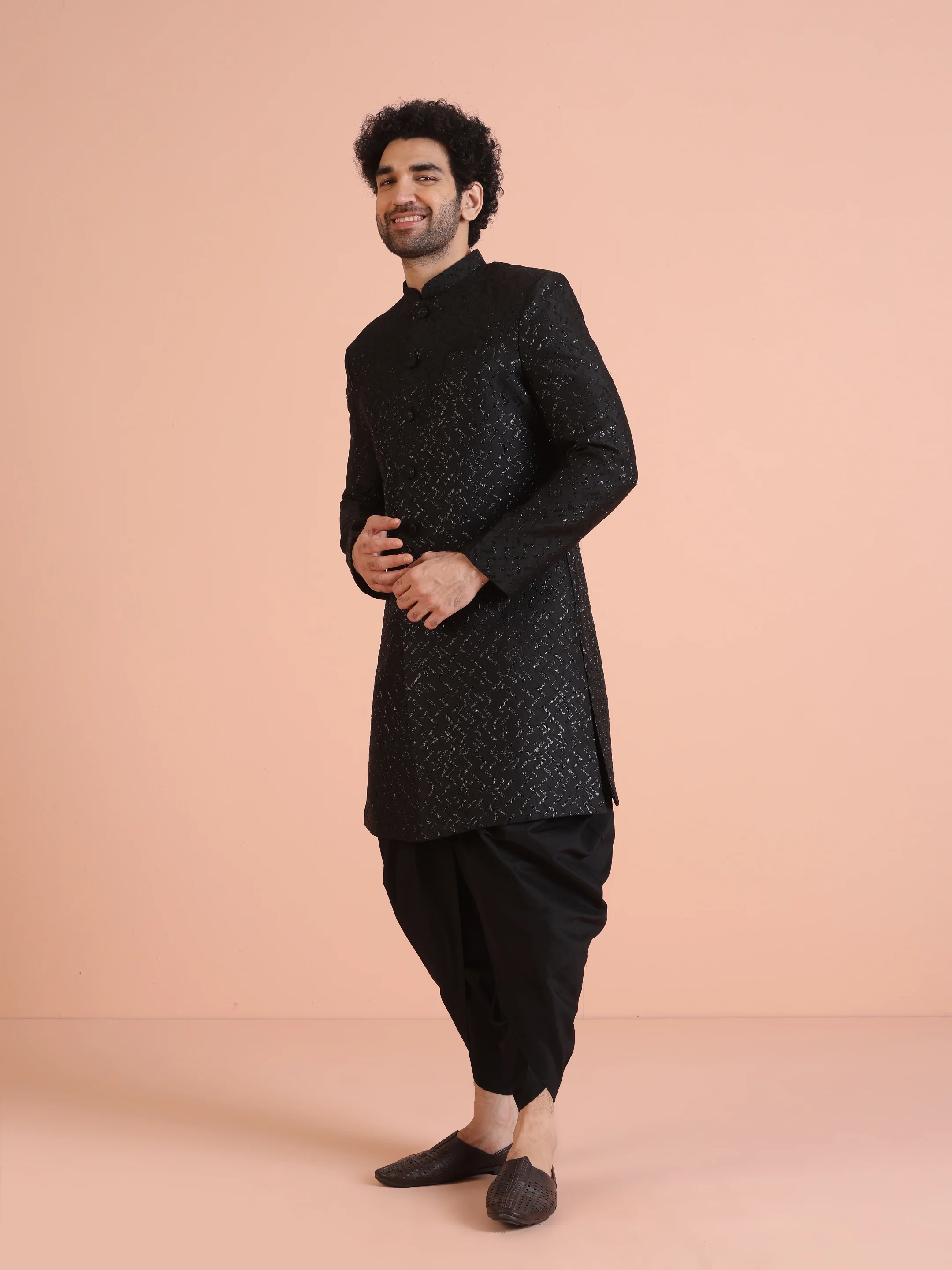 Men Shinny Black Indowestern Dhoti Pant Set - Image 4