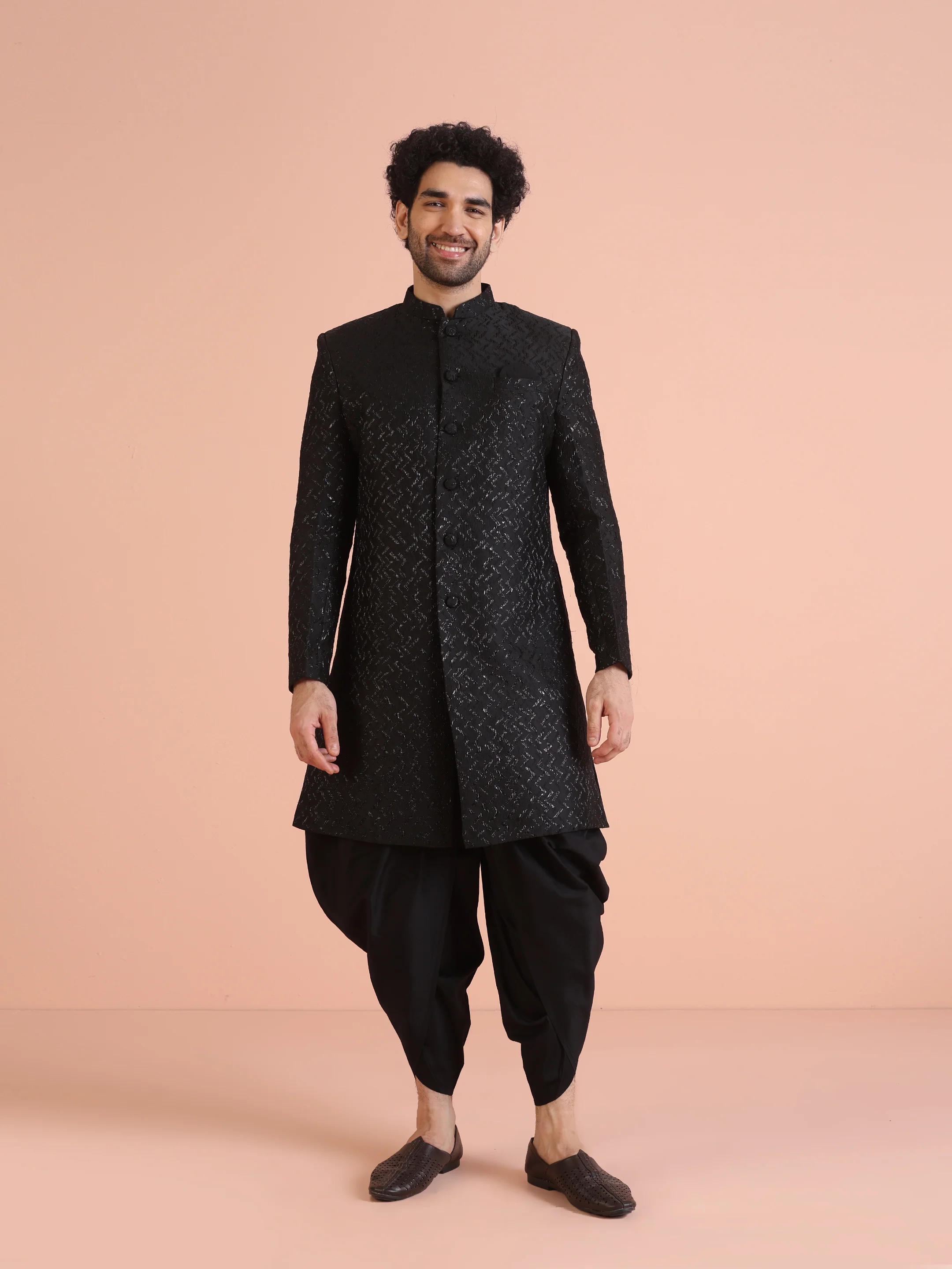 Men Shinny Black Indowestern Dhoti Pant Set - Image 9