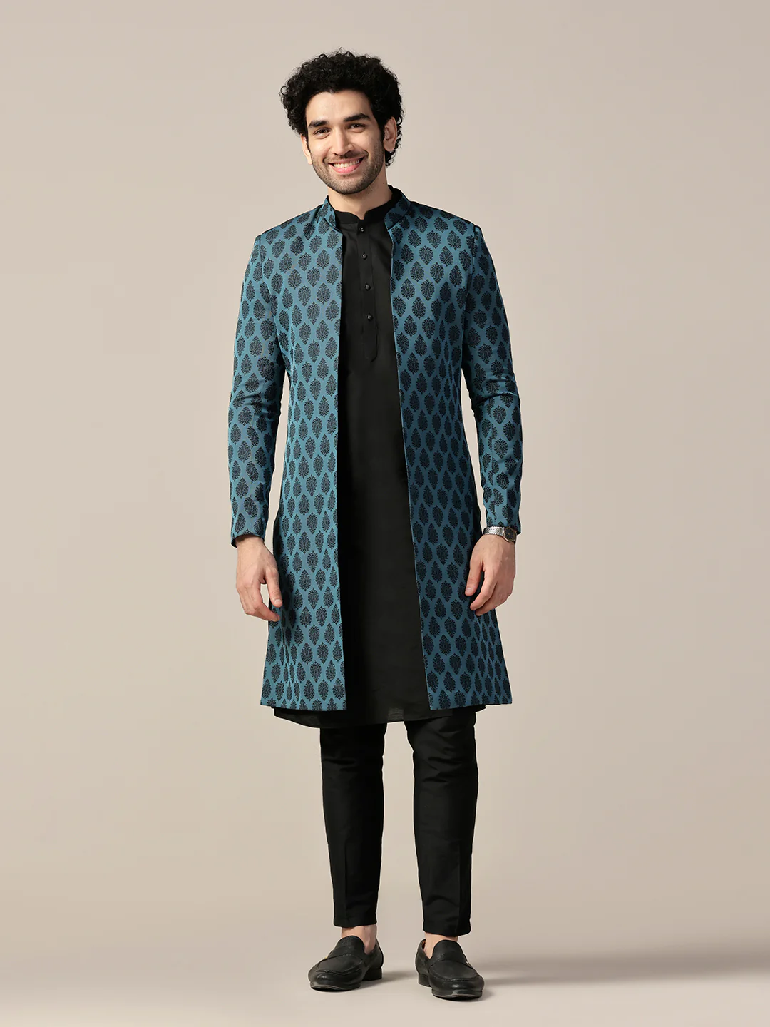 Men Blue Textured Open Kurta Indowestern Trouser Set - Image 2