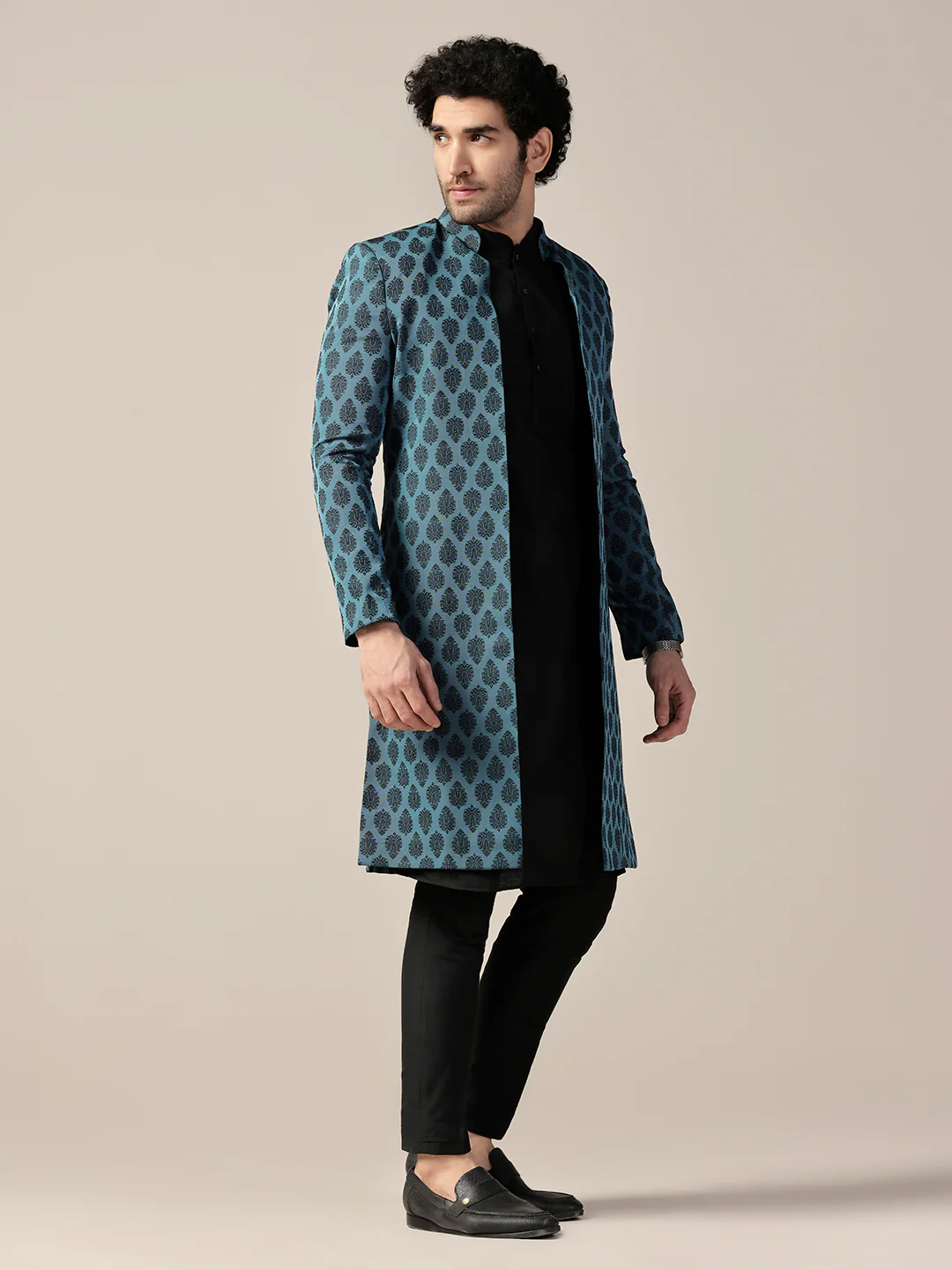 Men Blue Textured Open Kurta Indowestern Trouser Set - Image 4