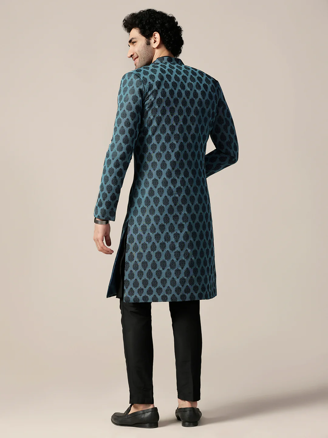 Men Blue Textured Open Kurta Indowestern Trouser Set - Image 5