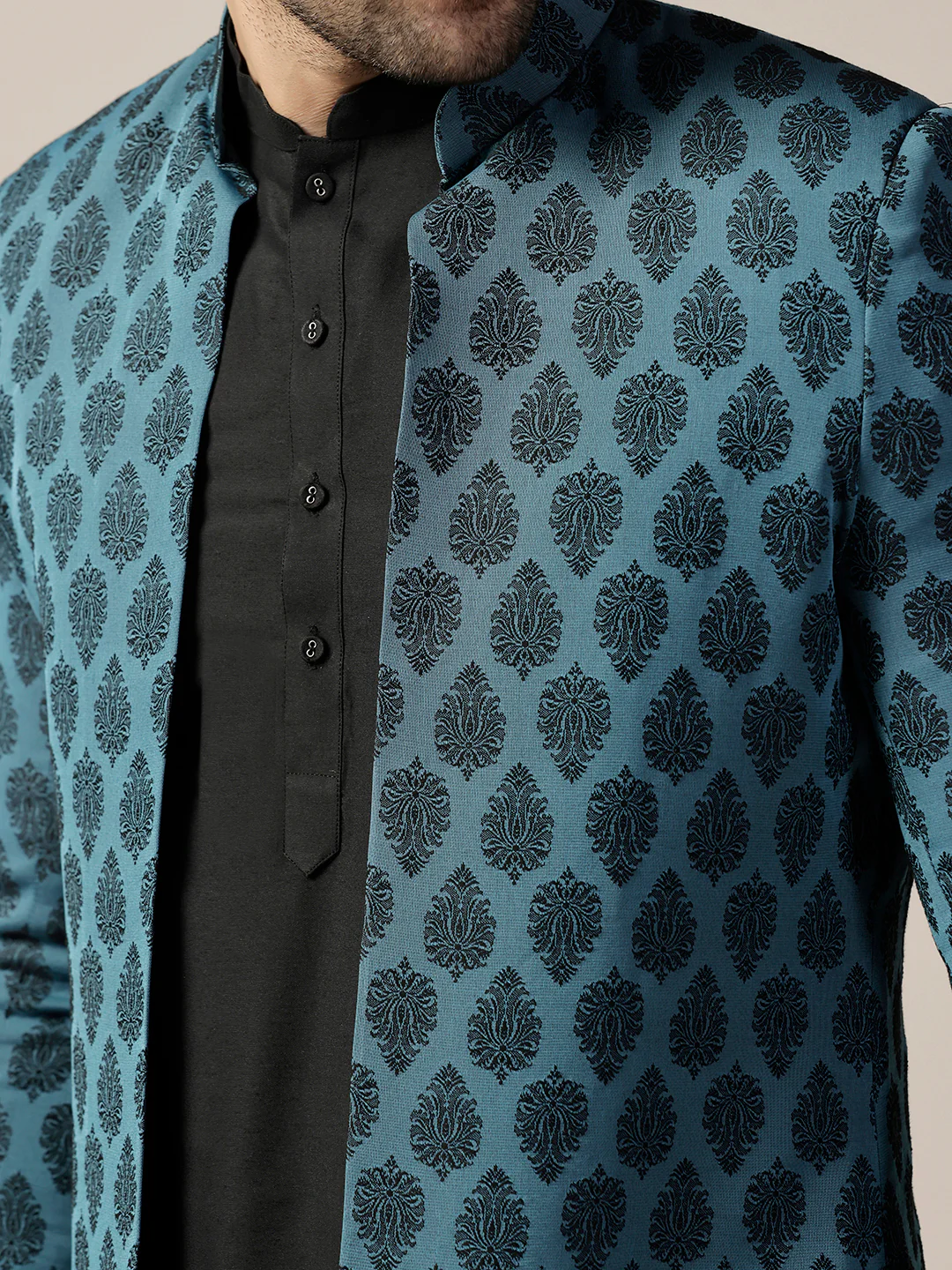 Men Blue Textured Open Kurta Indowestern Trouser Set - Image 6