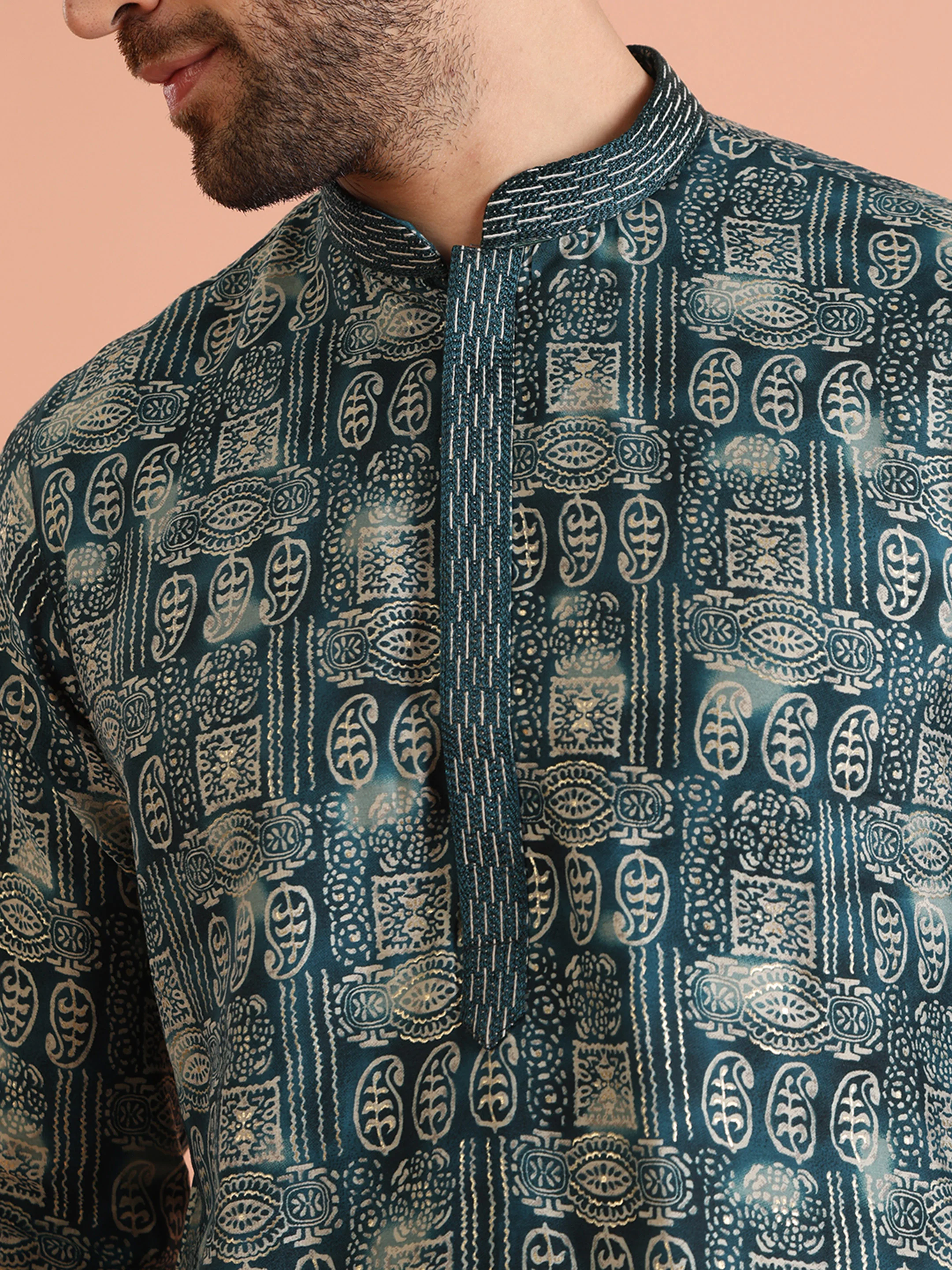 Teal Blue Abstract Printed Kurta - Image 5