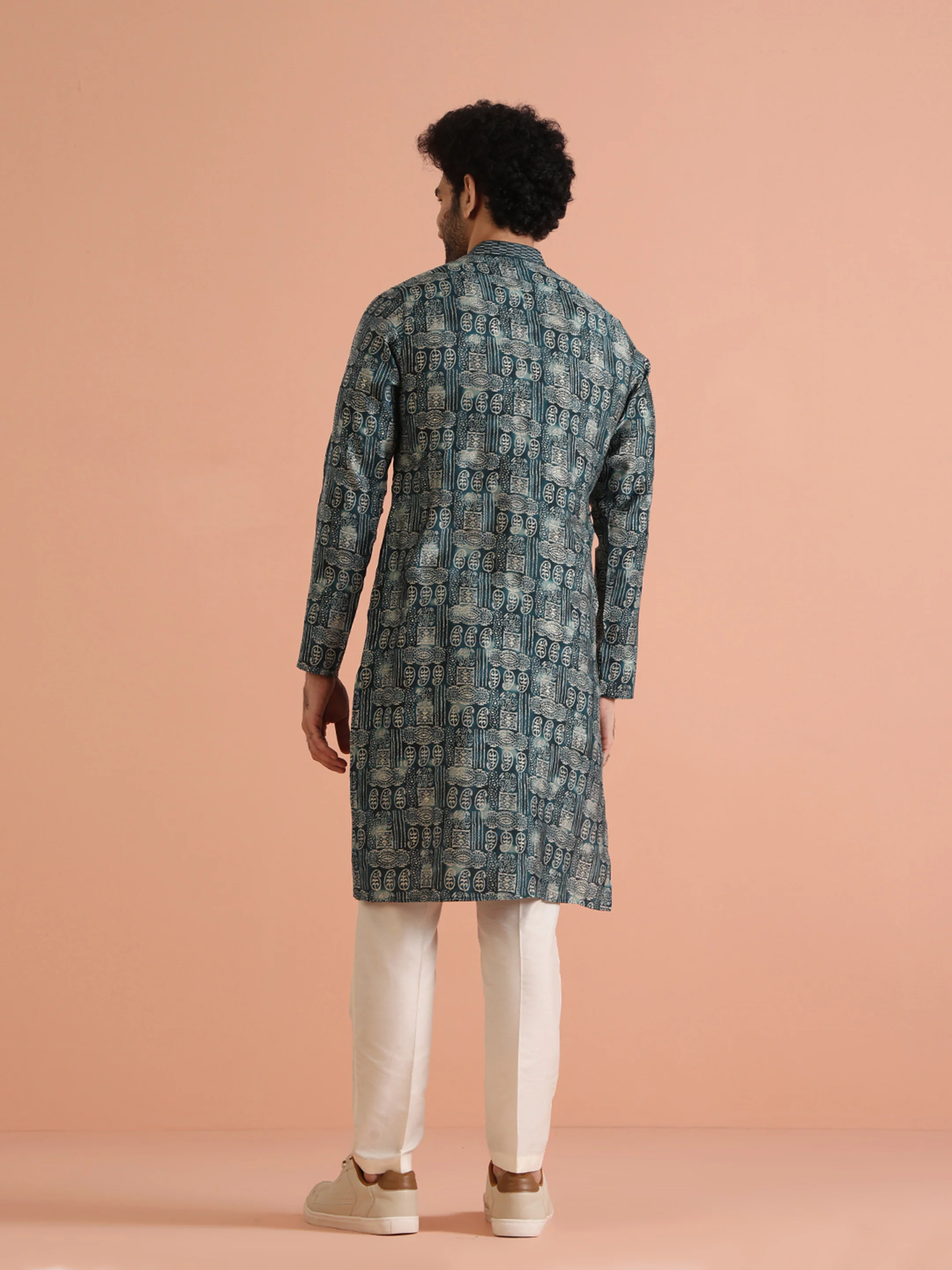 Men Turquoise Blue Paisley Kurta Trouser Set - Image 4