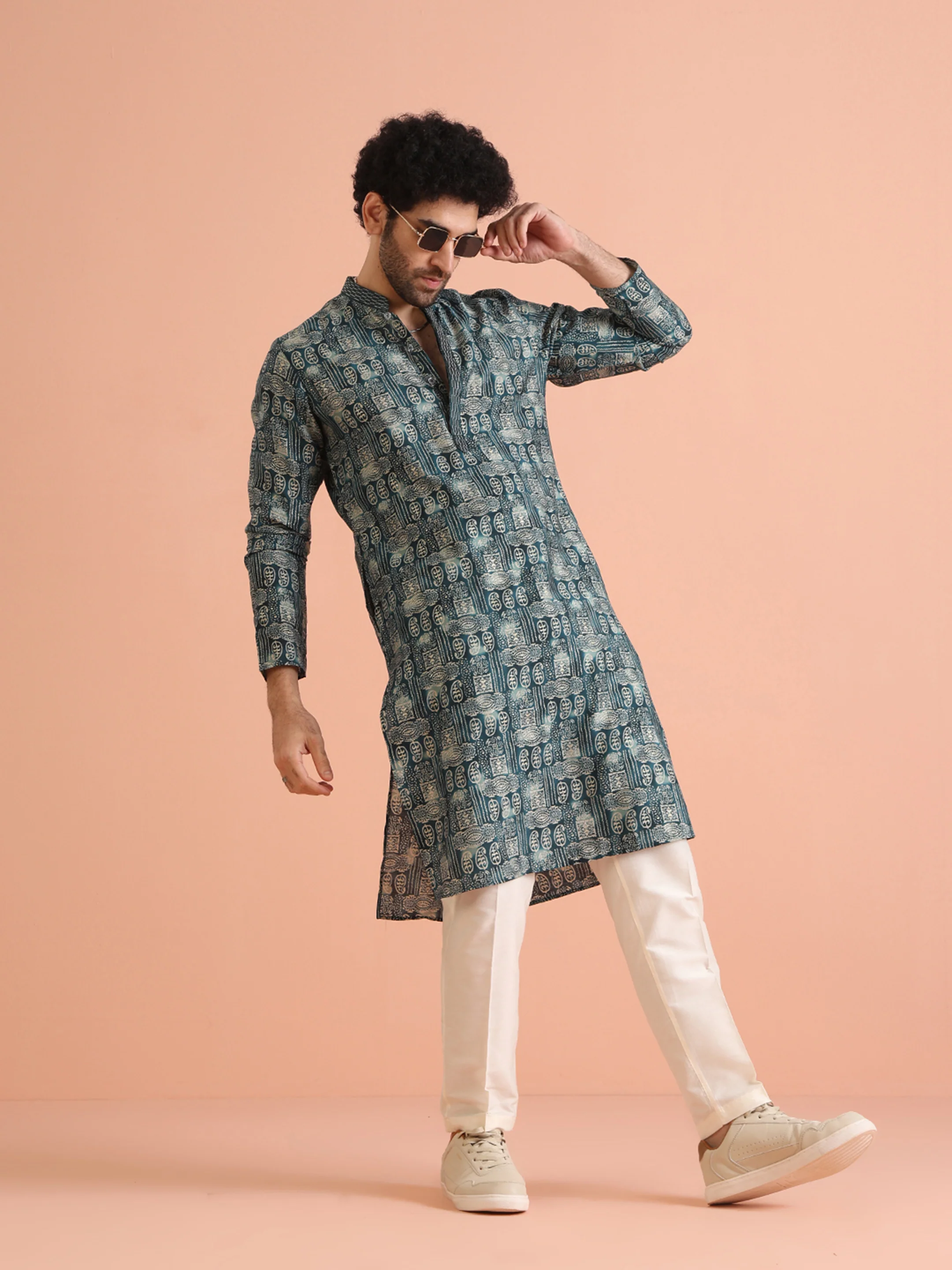 Men Turquoise Blue Paisley Kurta Trouser Set - Image 7