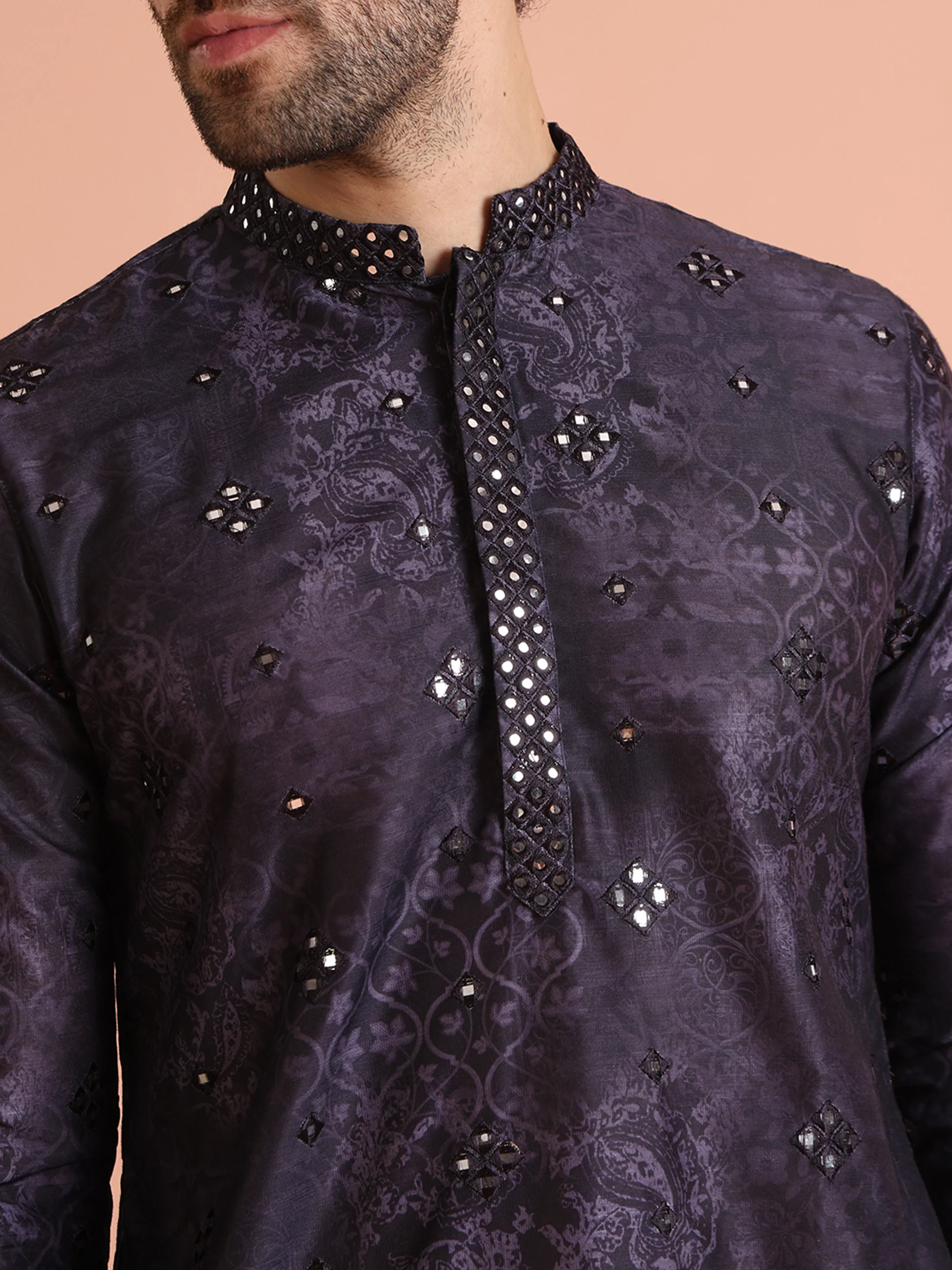 Black Mirror Work Silk Blend Kurta - Image 5