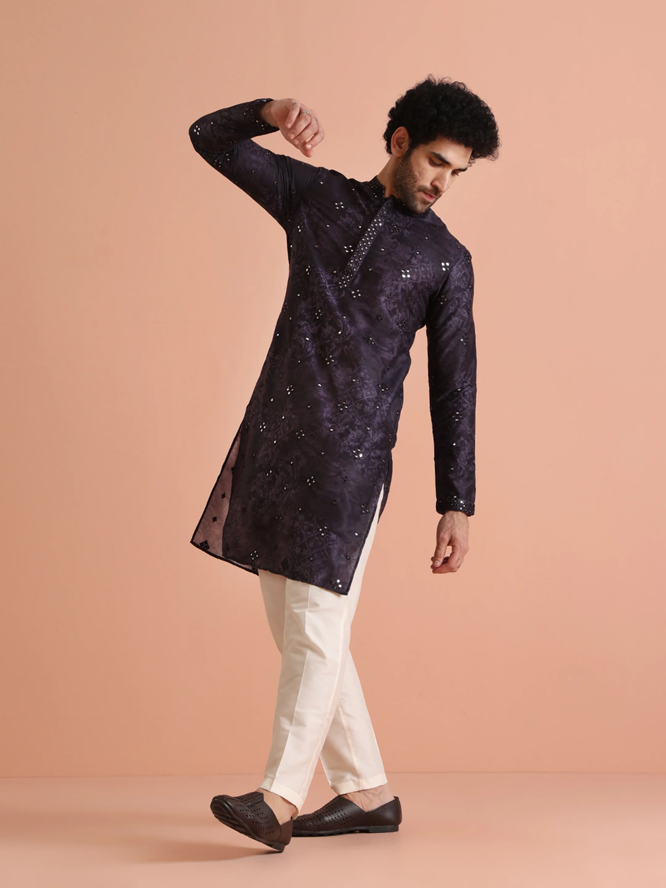 Black Mirror Work Silk Blend Kurta - Image 6