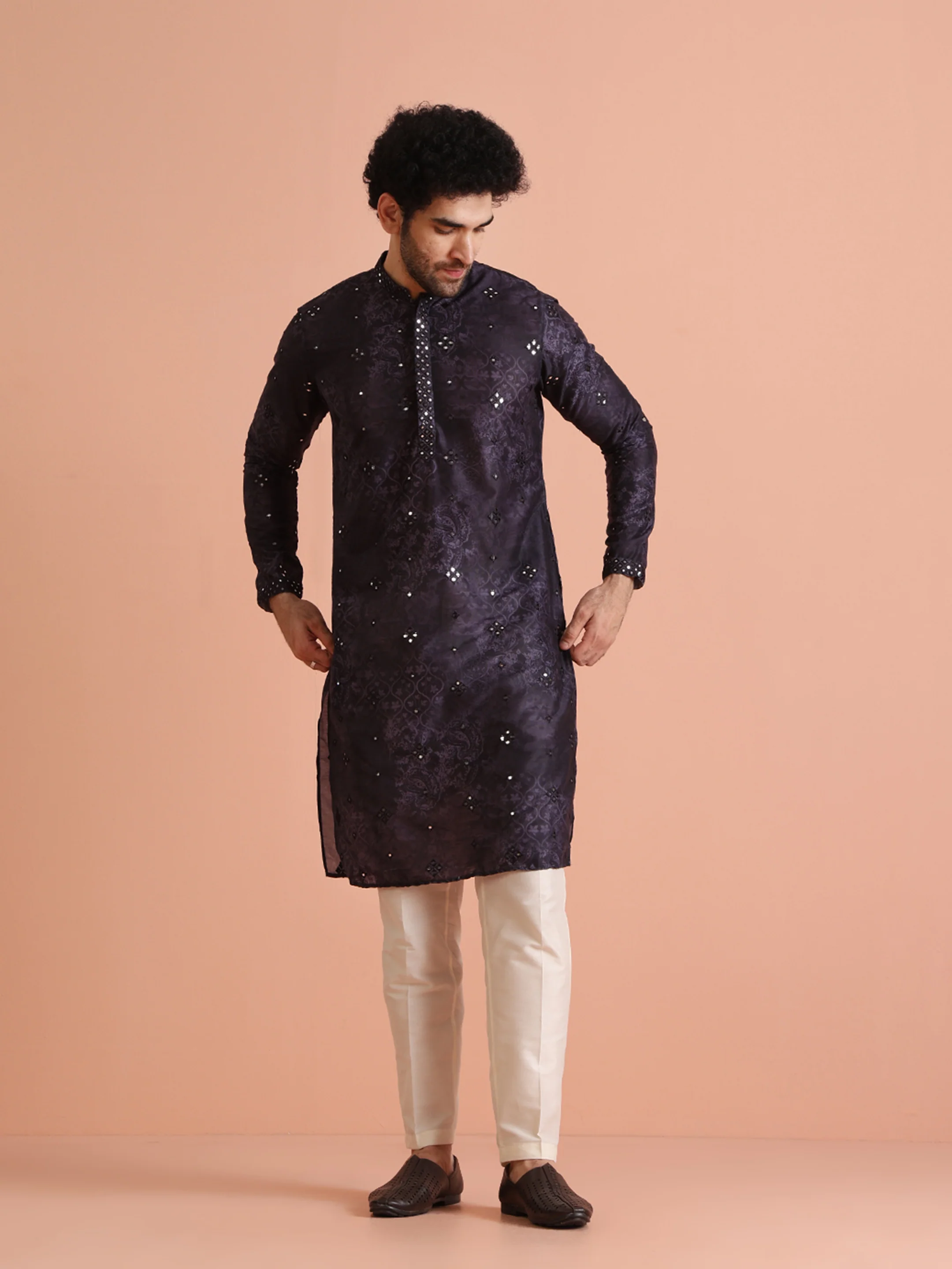 Black Mirror Work Kurta Cream Trouser Set - Image 2
