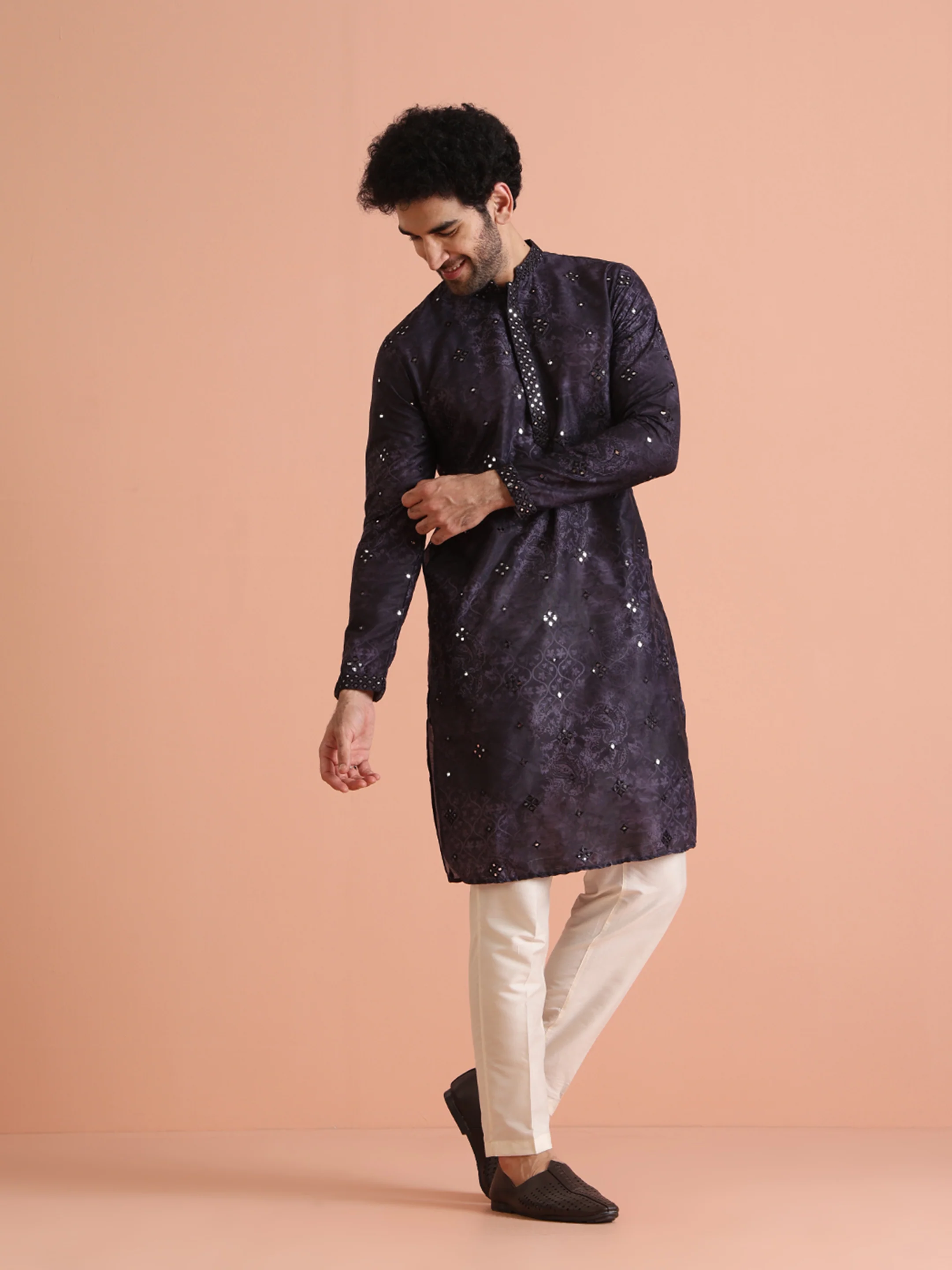 Black Mirror Work Kurta Cream Trouser Set - Image 4