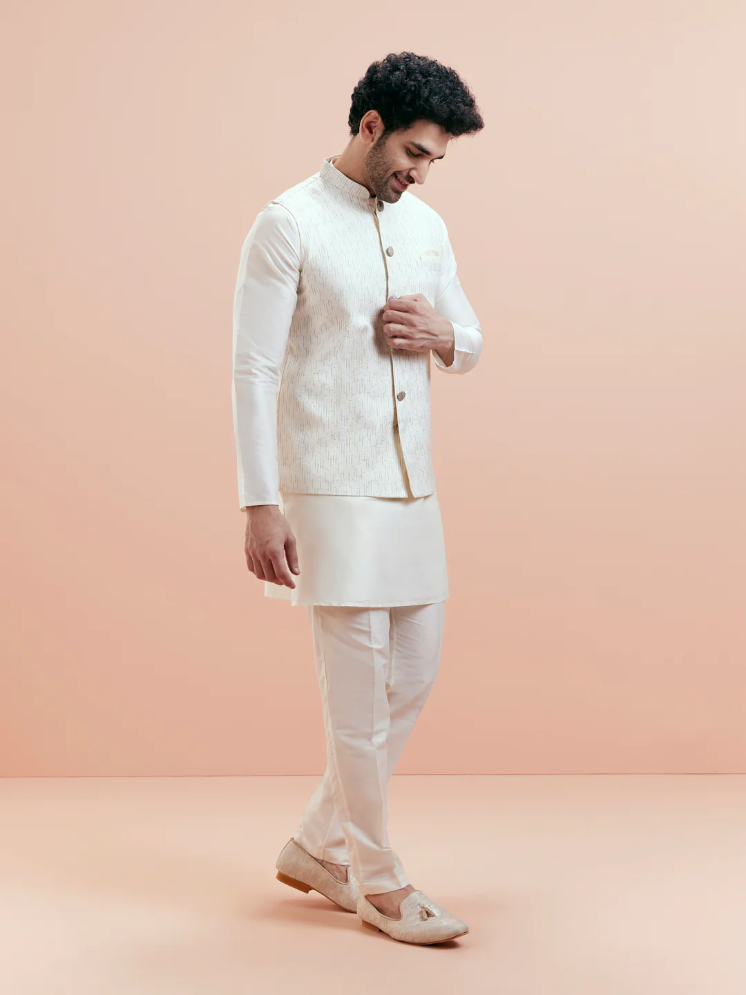 Off White Embroidered Jacket Kurta Trouser Set - Image 3