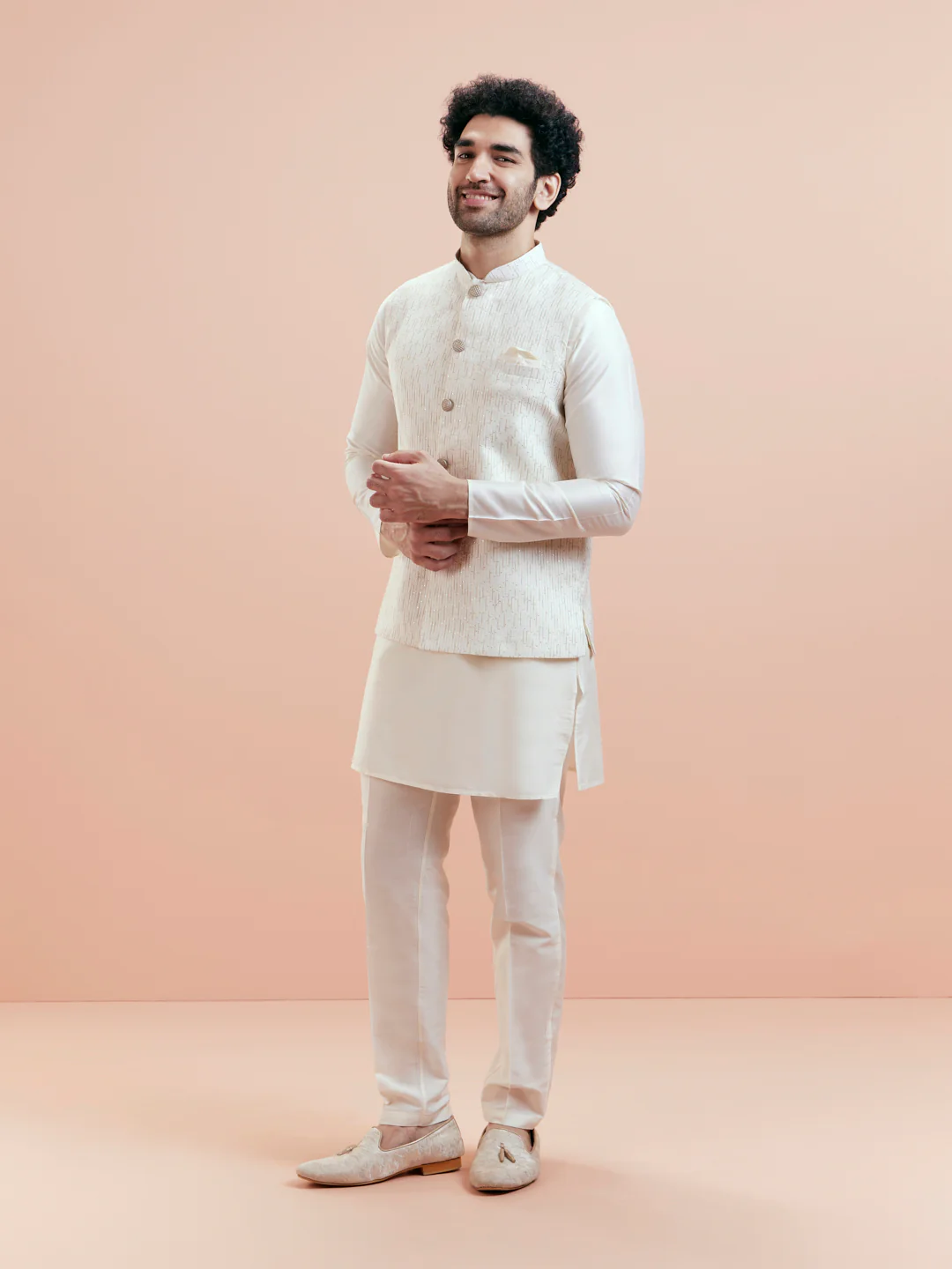 Off White Embroidered Jacket Kurta Trouser Set - Image 4
