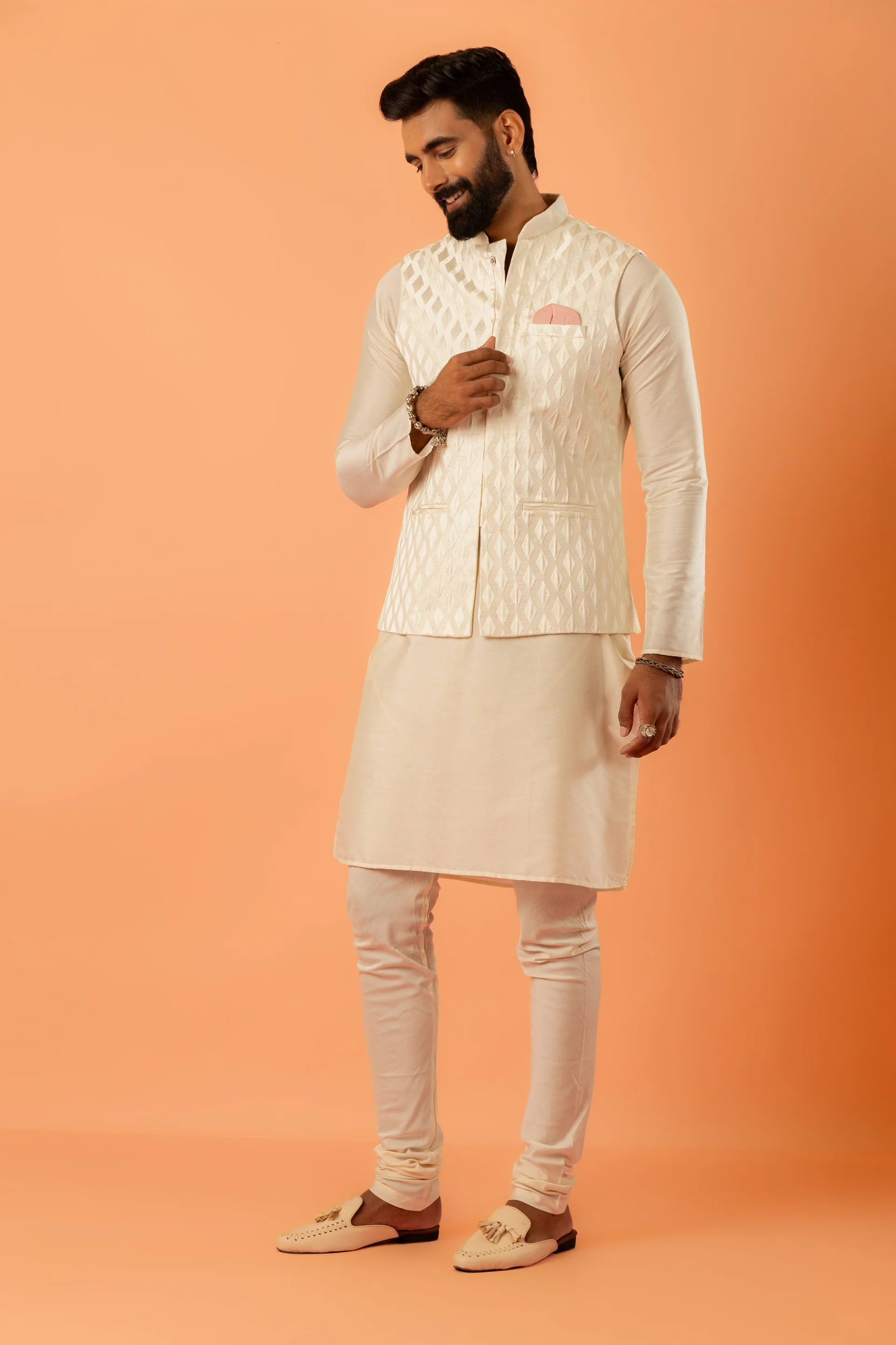 Cream Silk Blend Kurta Churidar with Textured Jacket - Image 2