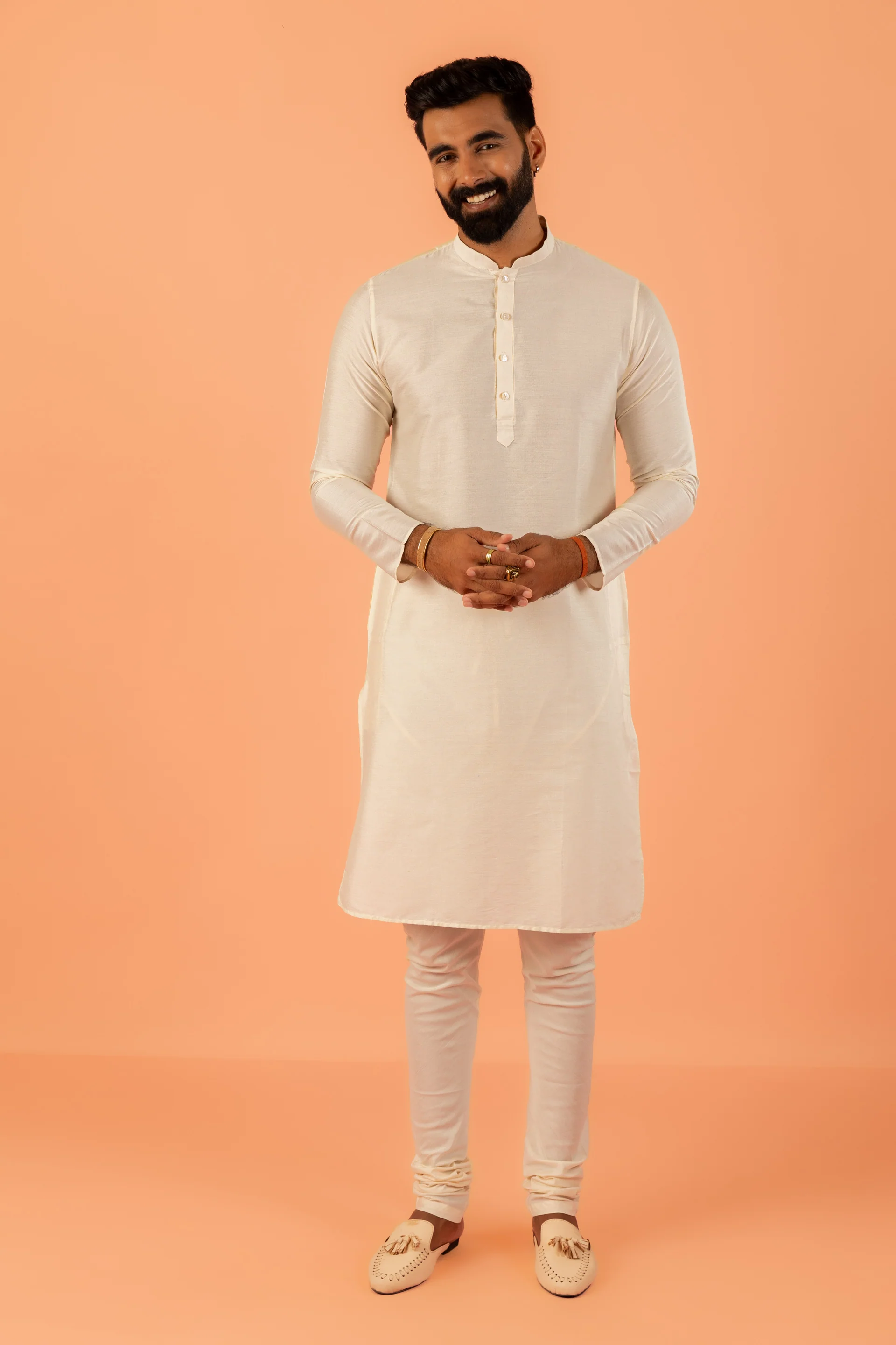 Cream Silk Blend Kurta Churidar with Textured Jacket - Image 7