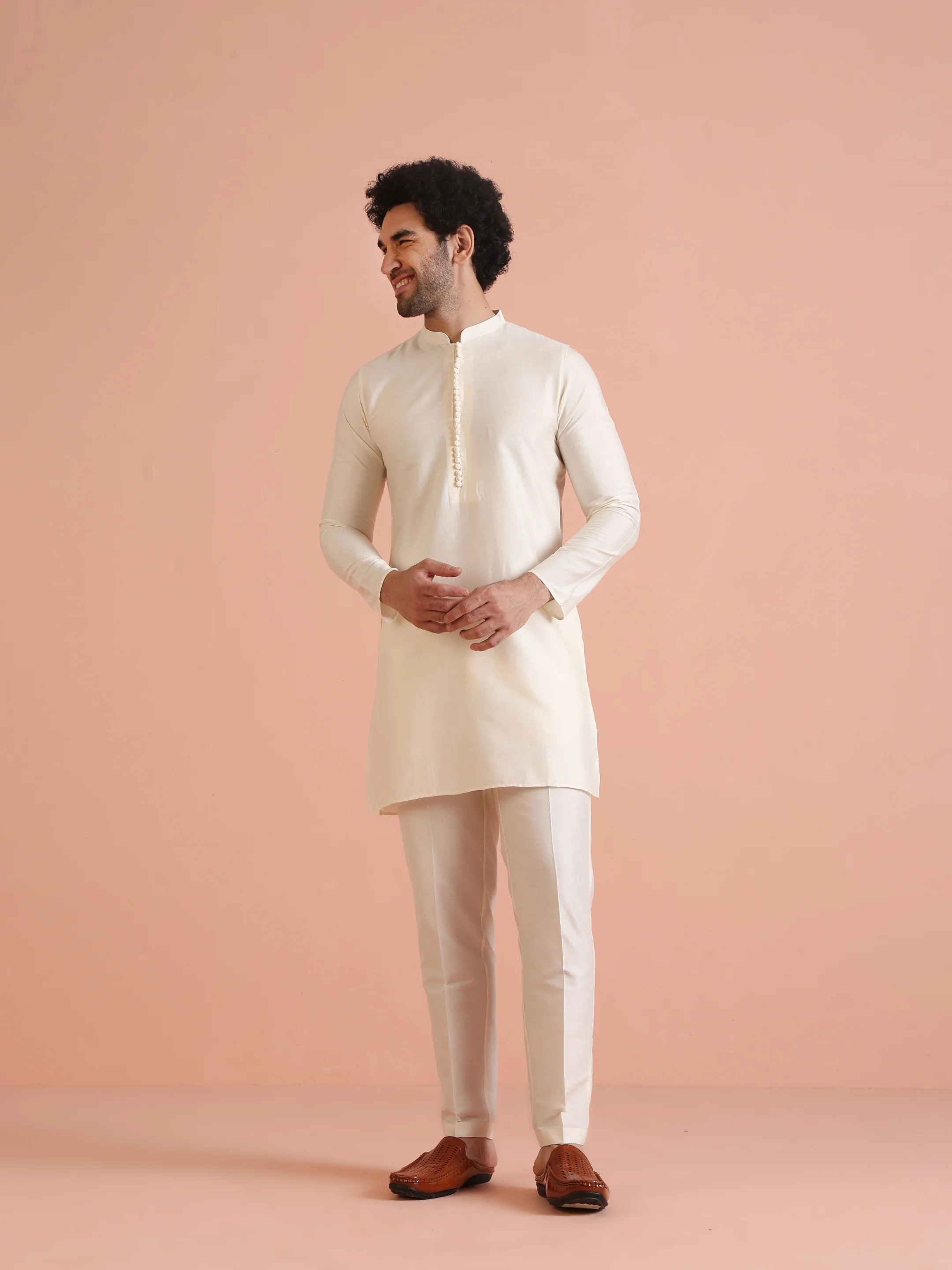 Cream Silk Blend Textured Nehru Jacket Kurta Set - Image 6