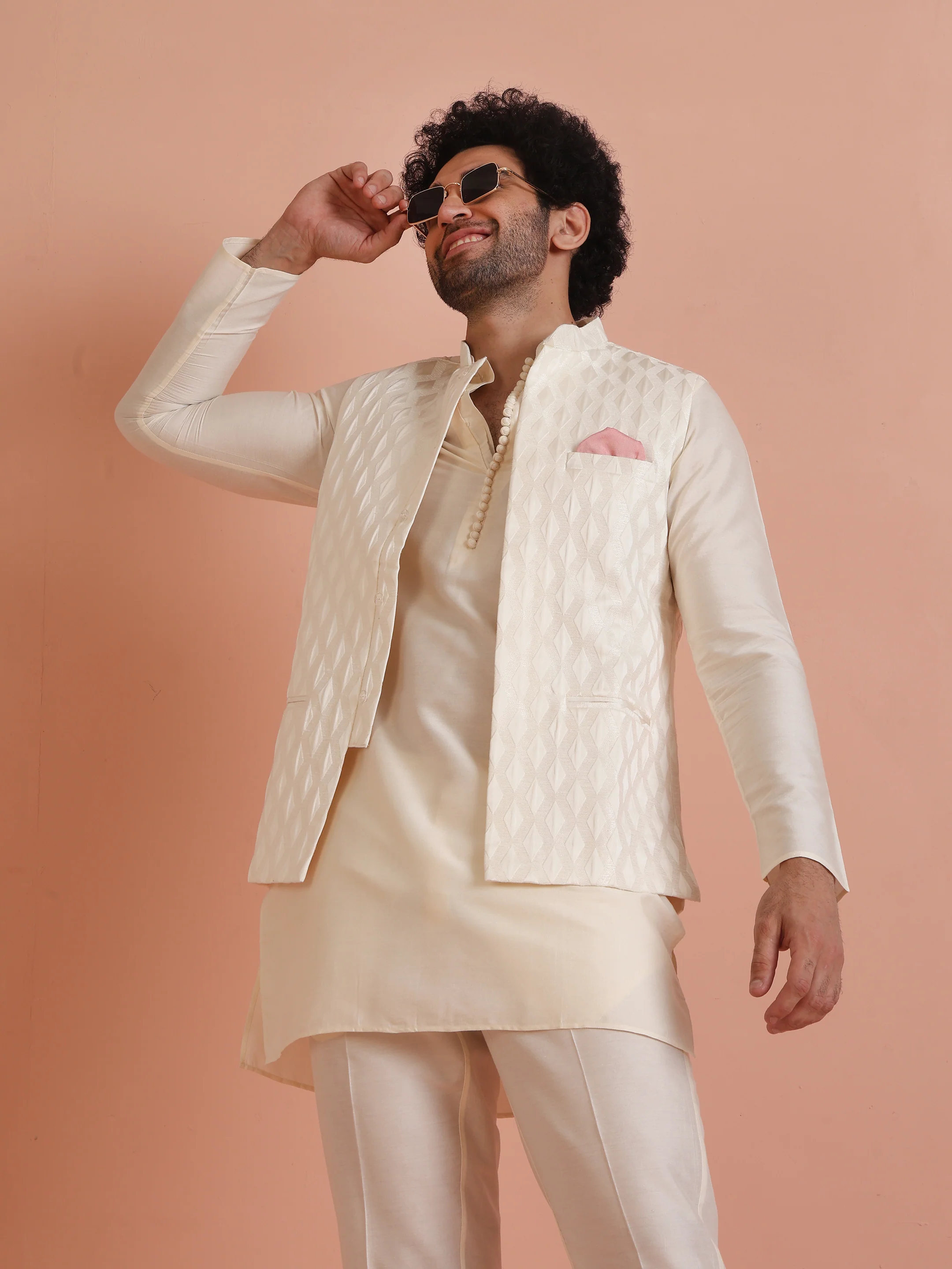 Cream Silk Blend Textured Nehru Jacket Kurta Set - Image 8