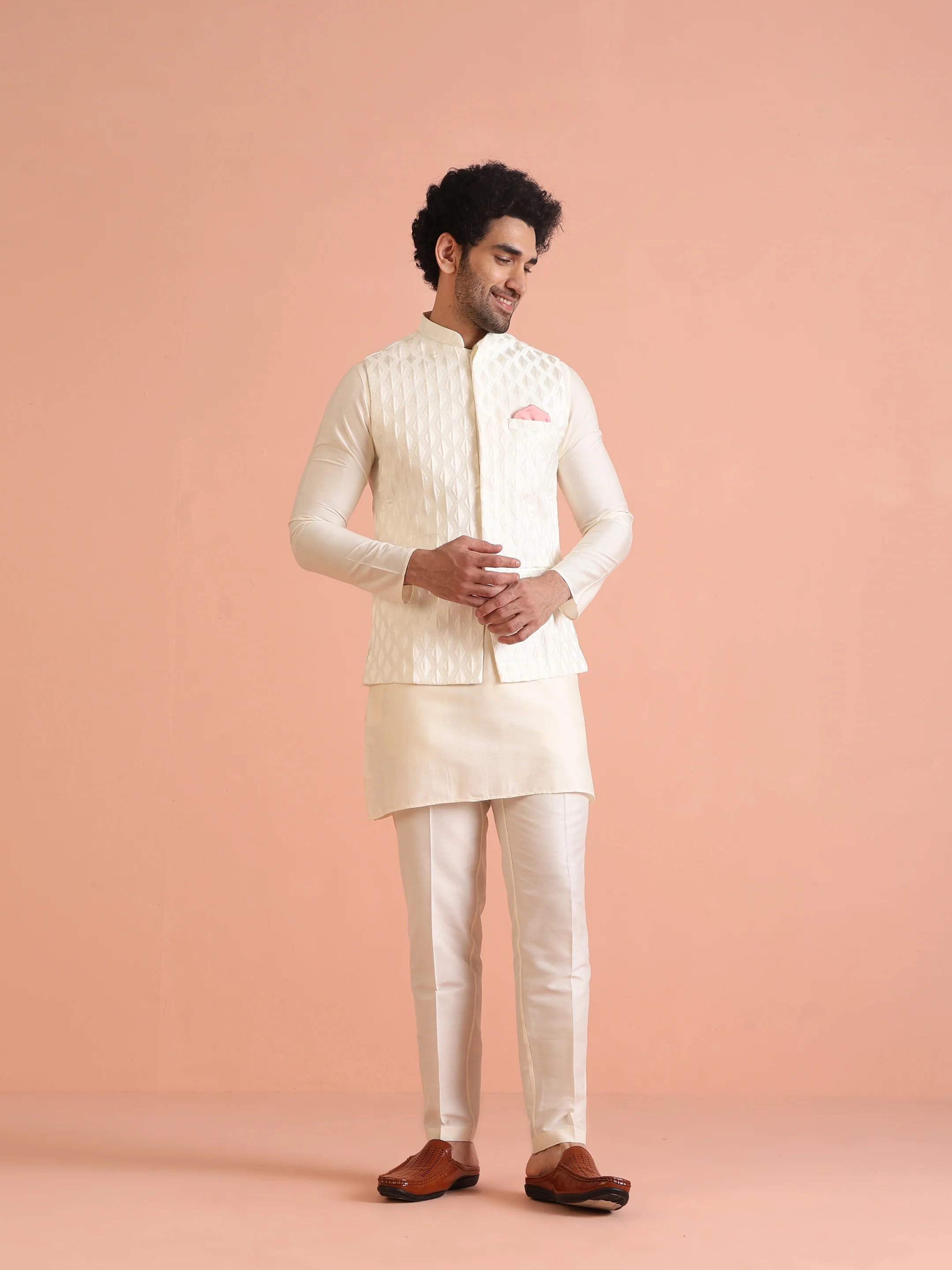 Cream Silk Blend Textured Nehru Jacket Kurta Set - Image 9