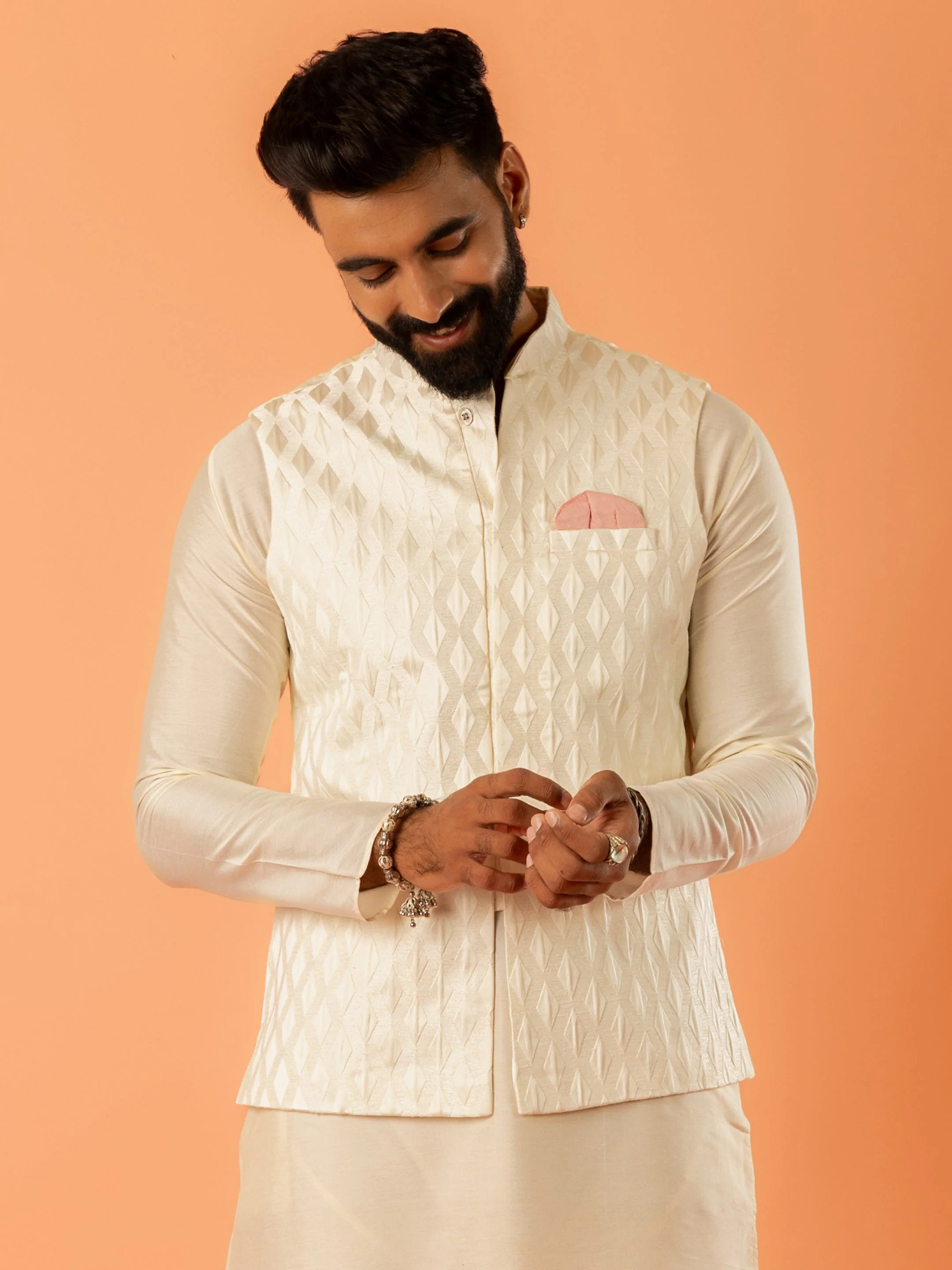Cream Art Silk Textured Nehru Jacket - Image 10