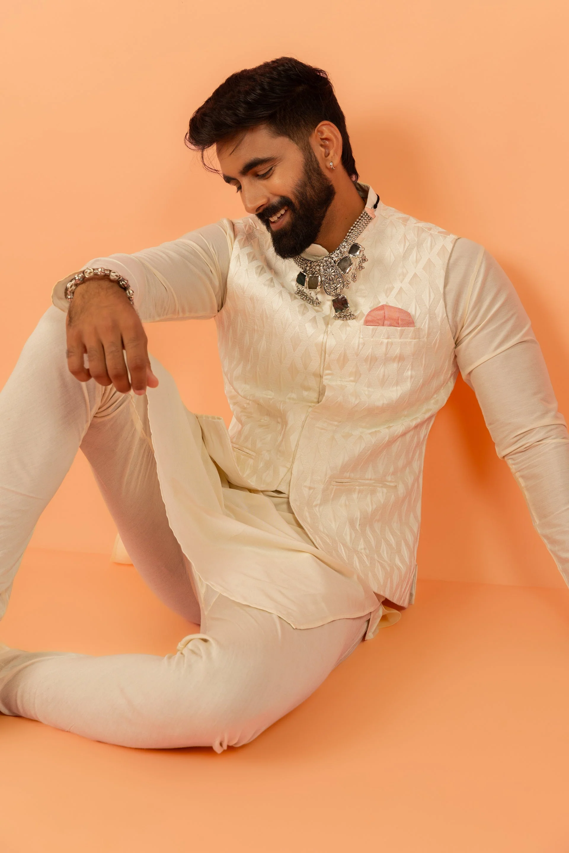 Cream Art Silk Textured Nehru Jacket - Image 15