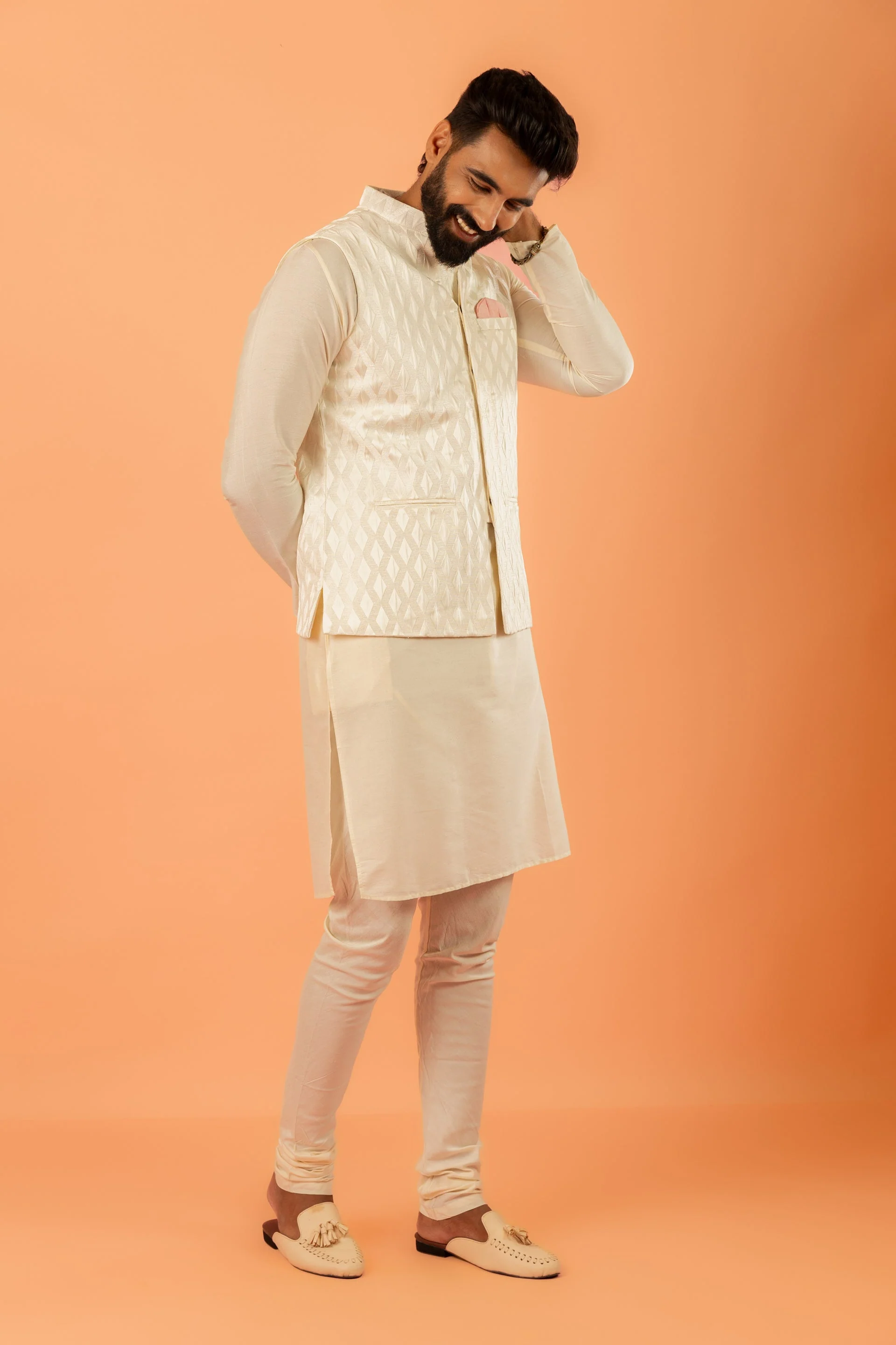 Cream Art Silk Textured Nehru Jacket - Image 19