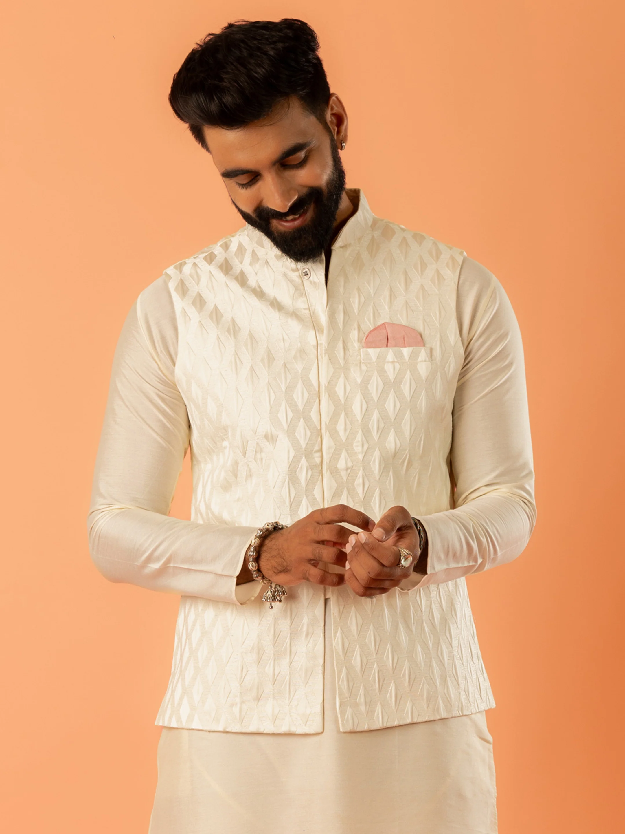 Cream Art Silk Textured Nehru Jacket - Image 2