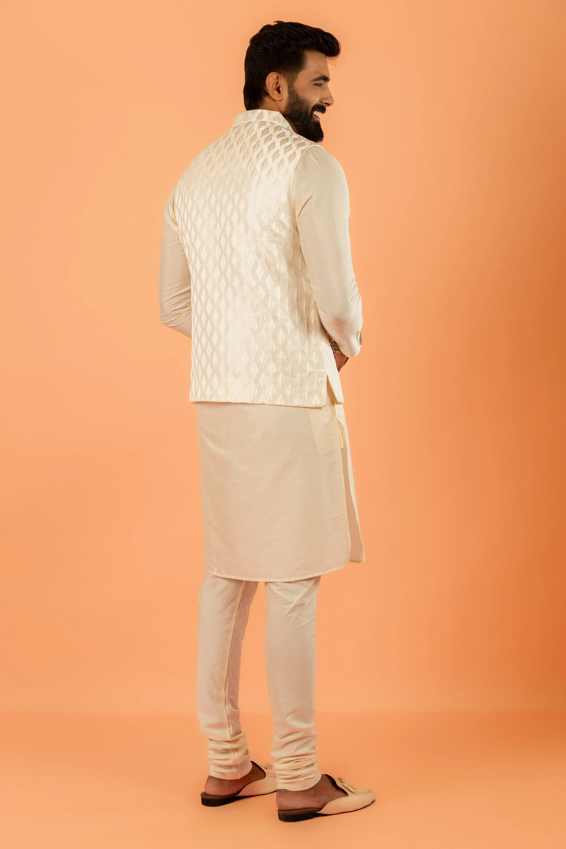 Cream Art Silk Textured Nehru Jacket - Image 21