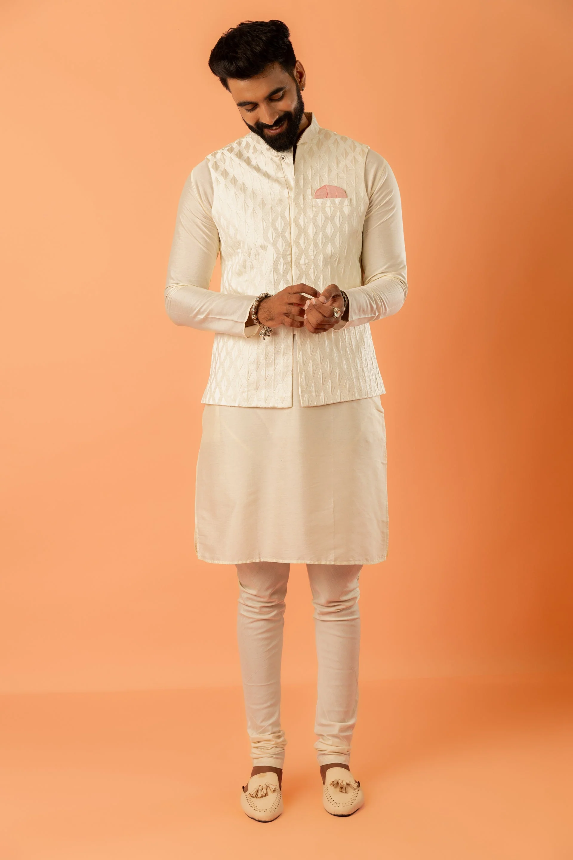 Cream Art Silk Textured Nehru Jacket - Image 22