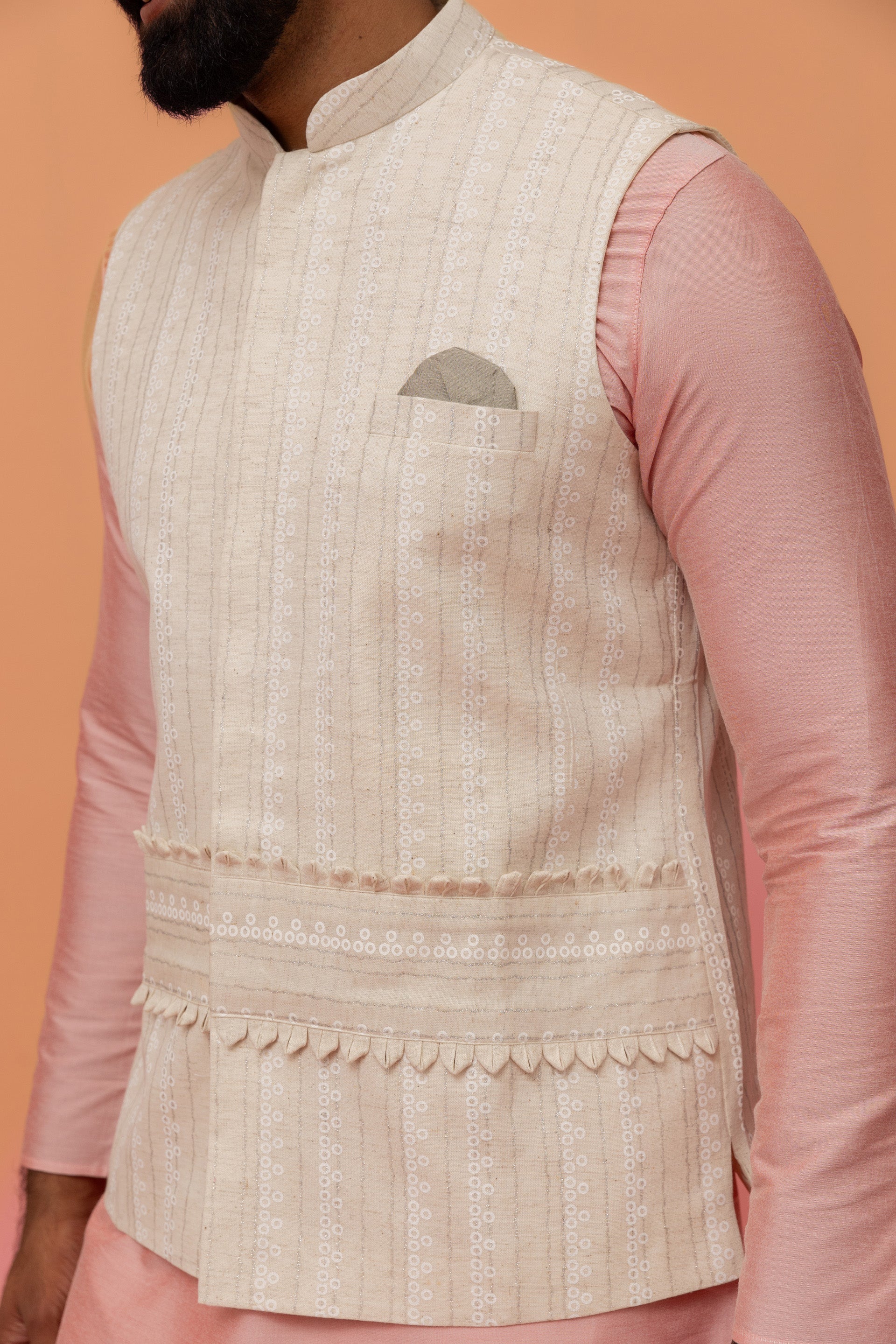 Beige Silk Blend Embroidered Nehru Jacket - Image 12