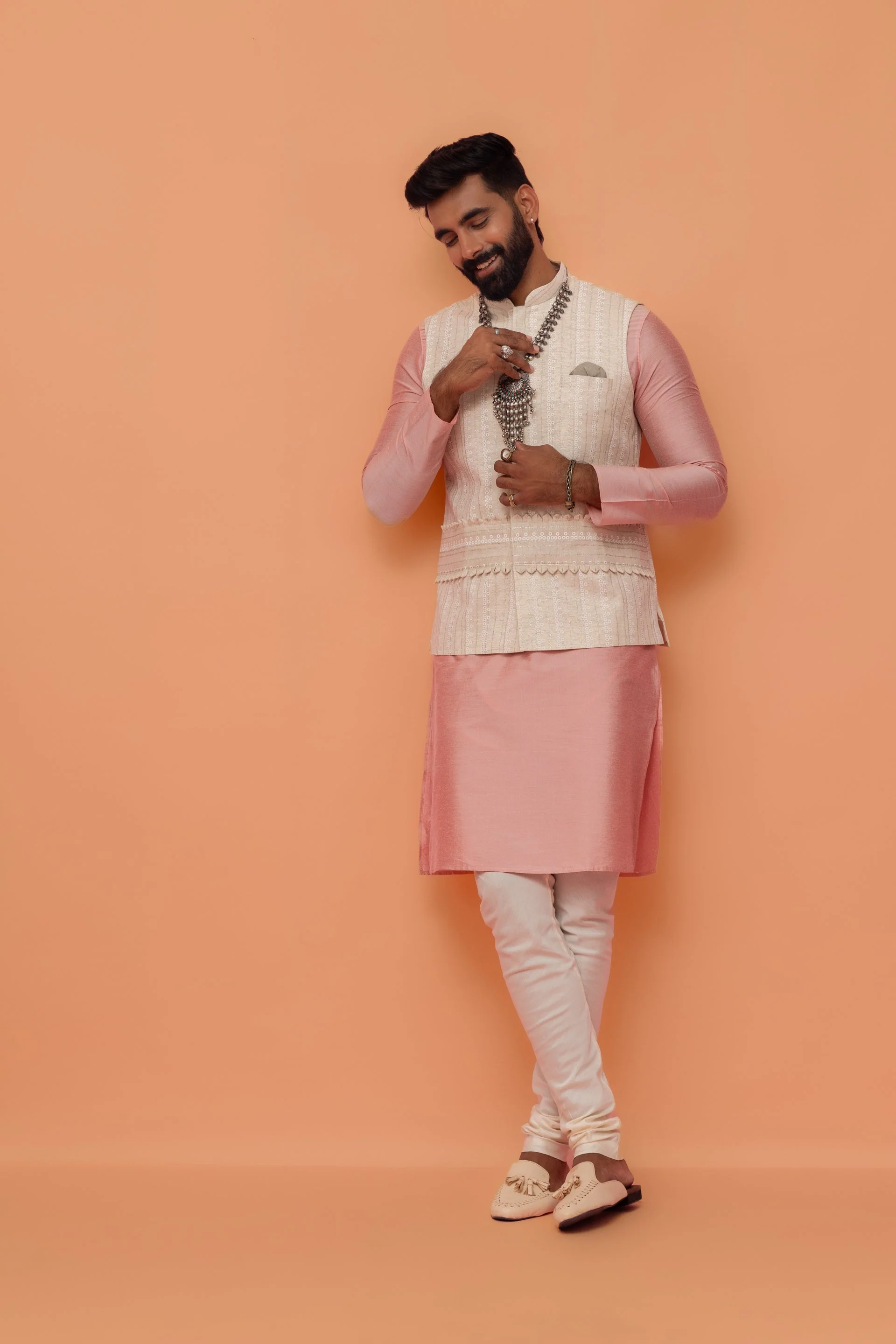 Beige Silk Blend Embroidered Nehru Jacket - Image 14