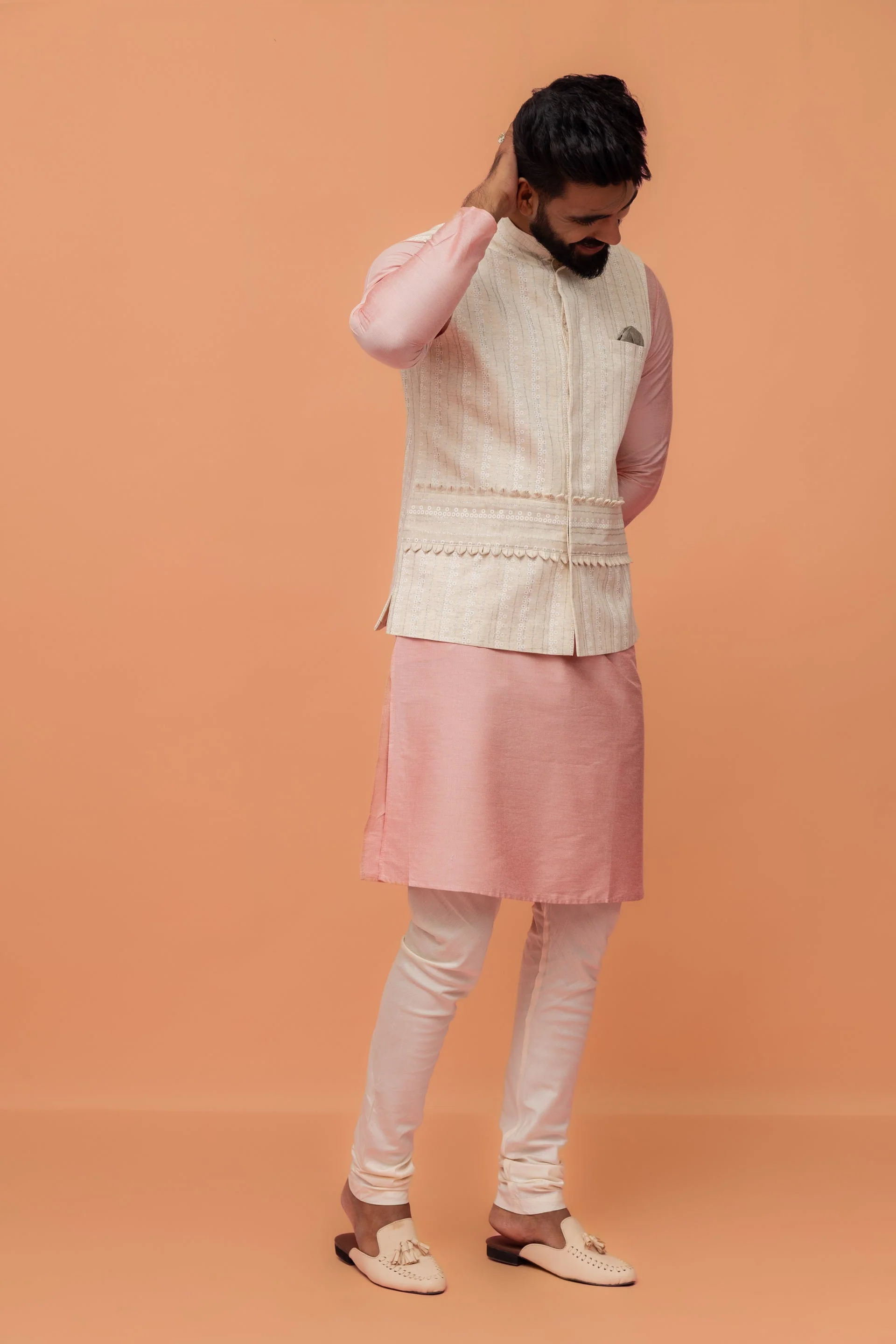 Beige Silk Blend Embroidered Nehru Jacket - Image 17