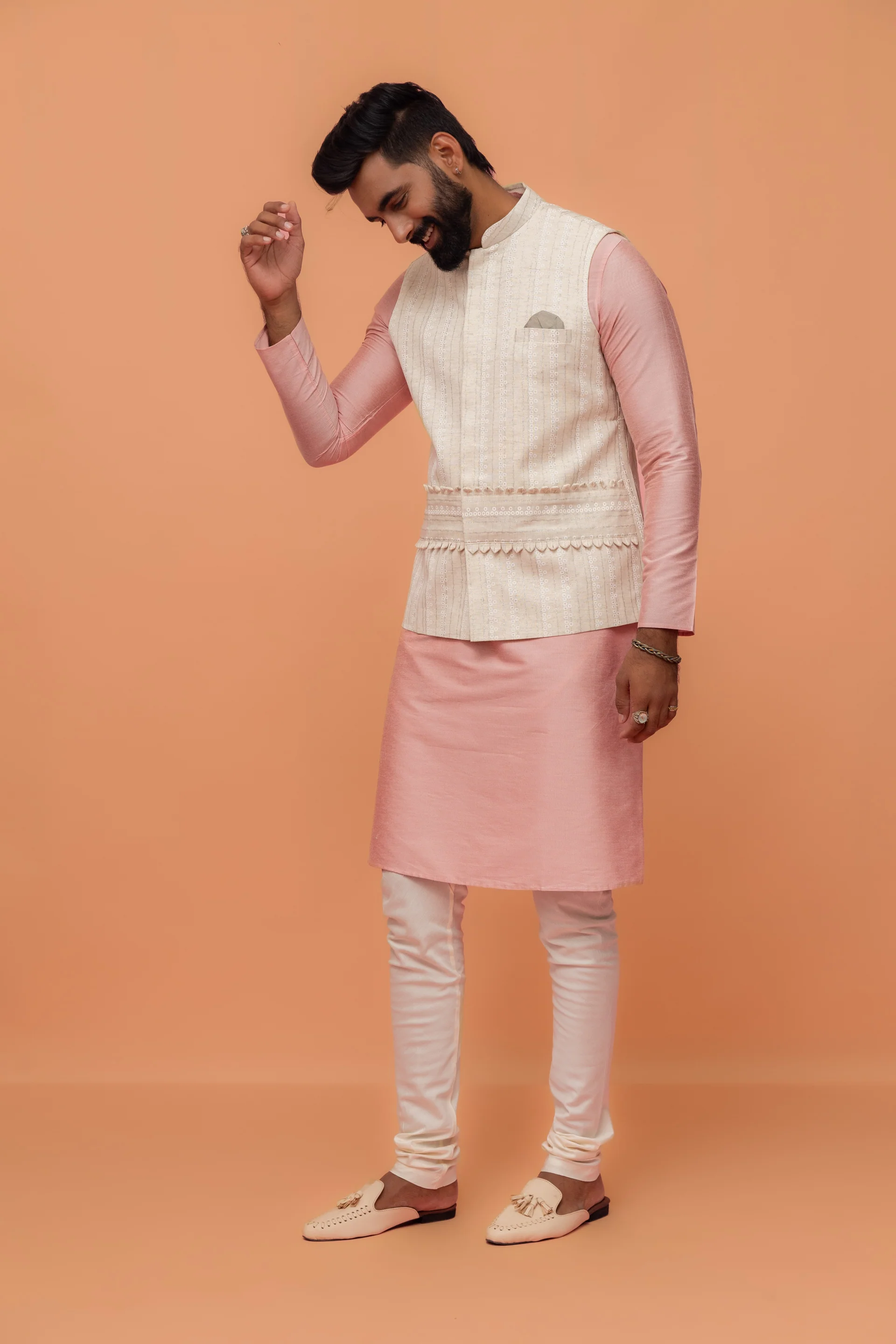 Beige Silk Blend Embroidered Nehru Jacket - Image 2