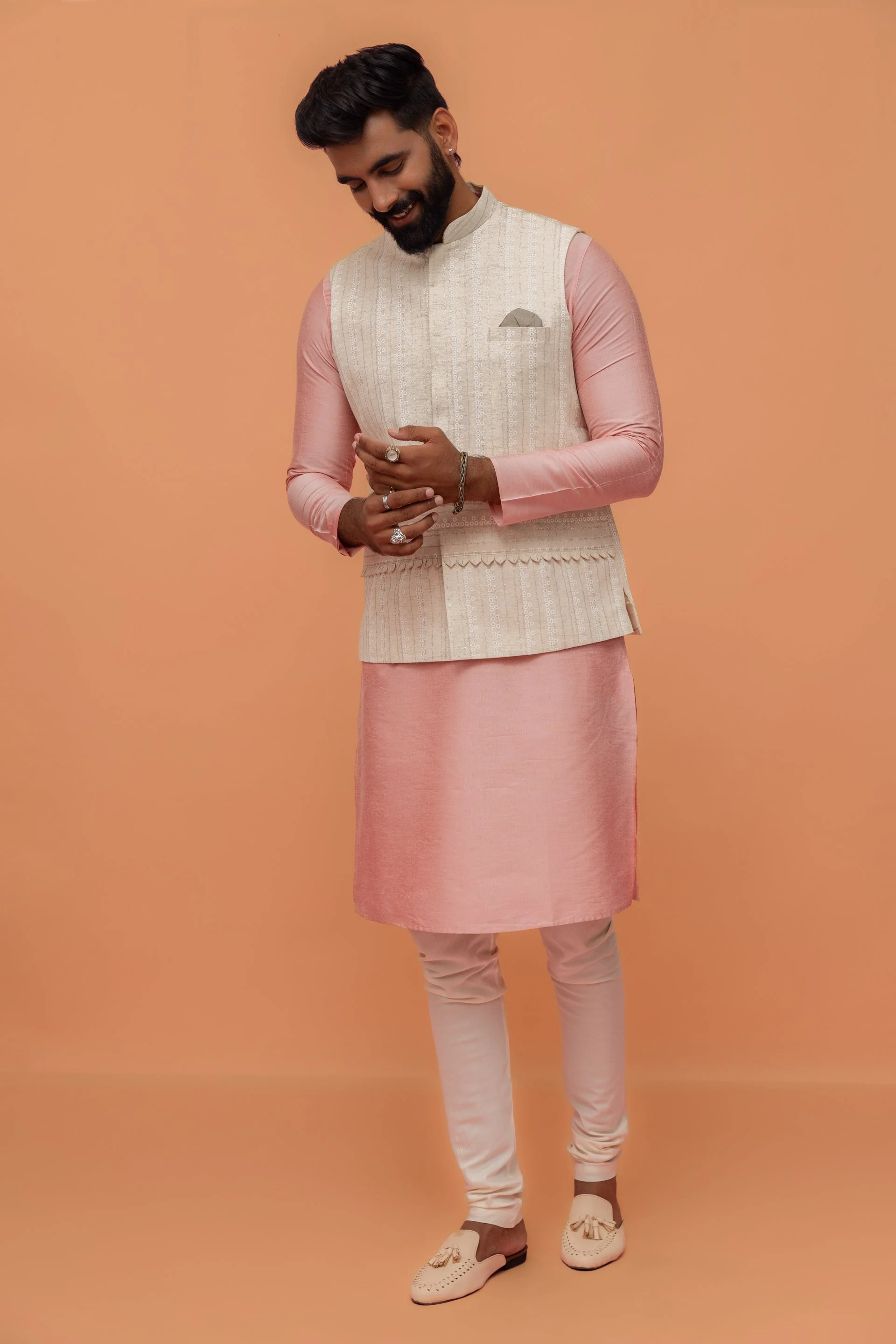 Beige Silk Blend Embroidered Nehru Jacket - Image 20