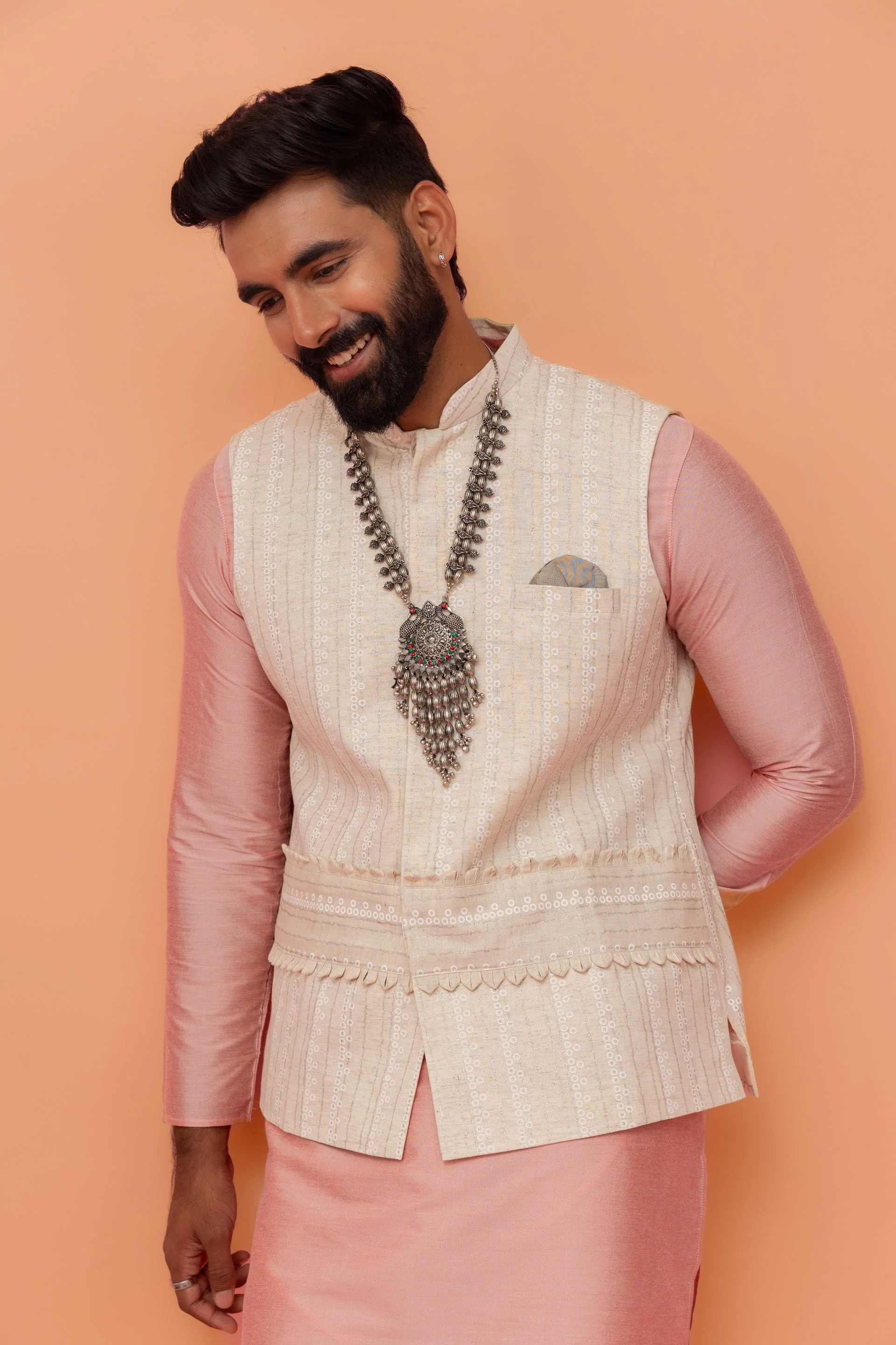 Beige Silk Blend Embroidered Nehru Jacket - Image 8