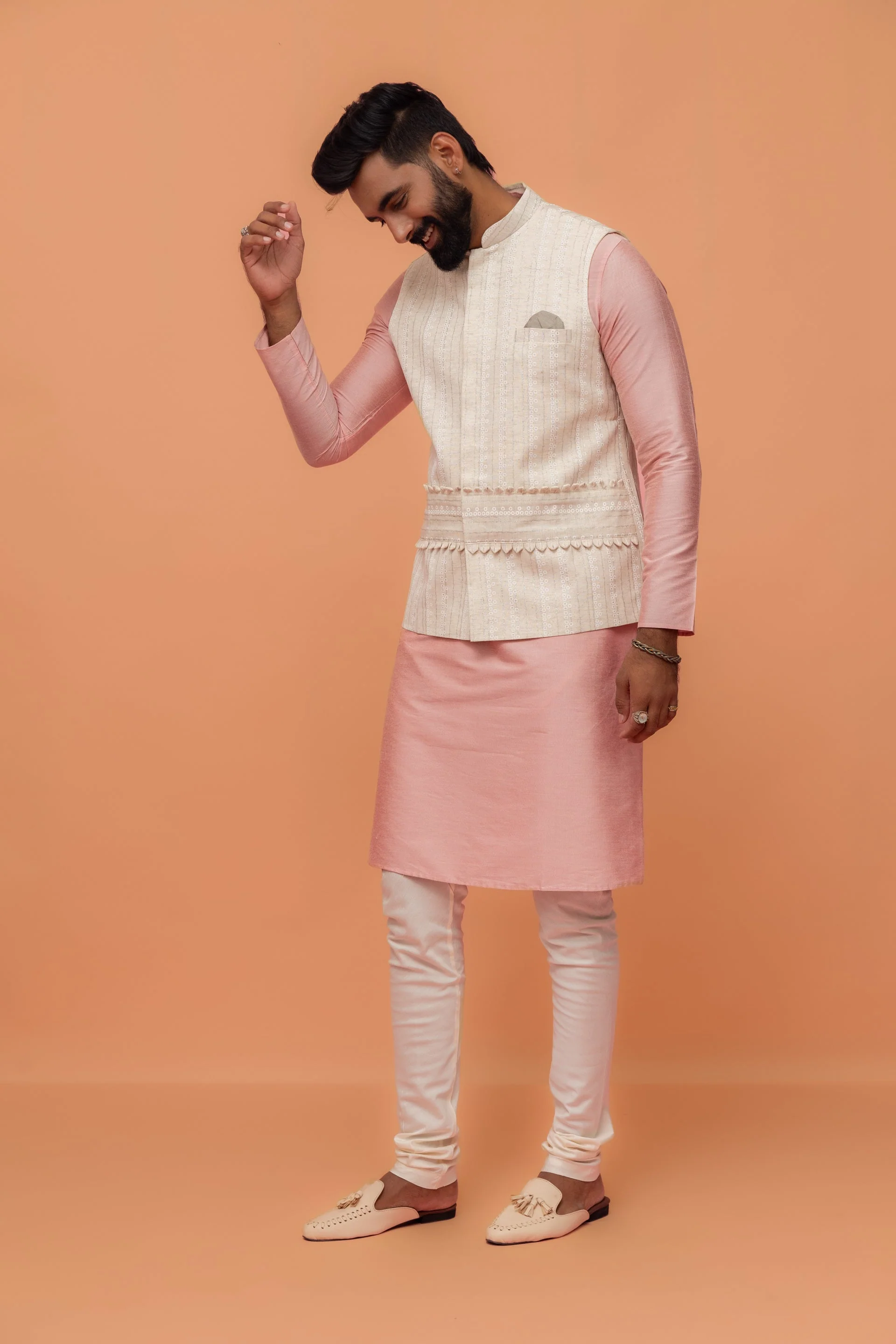 Beige Silk Blend Embroidered Nehru Jacket - Image 9