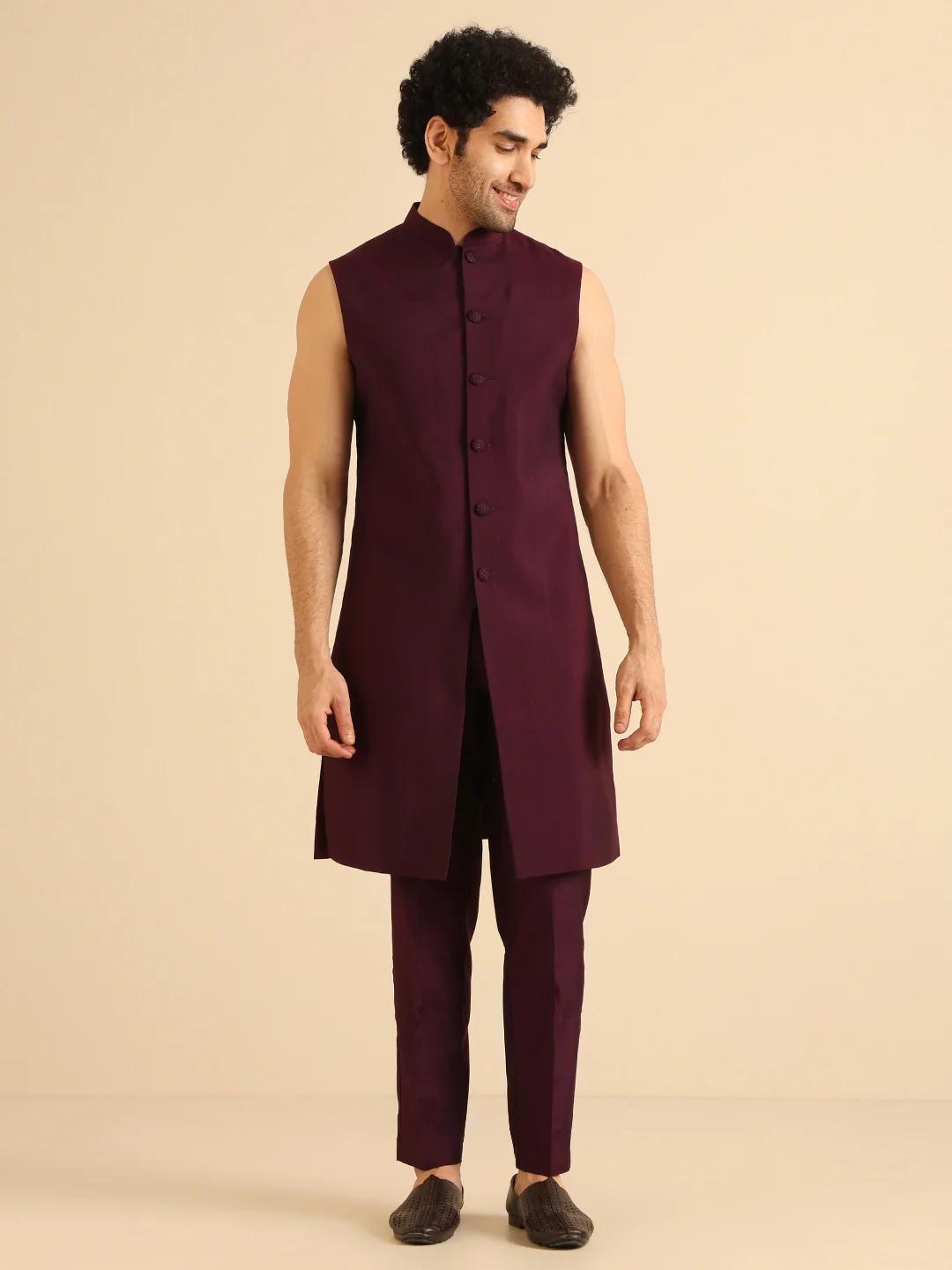 Maroon Silk Blend Mirror Work Sherwani Trouser Set - Image 4