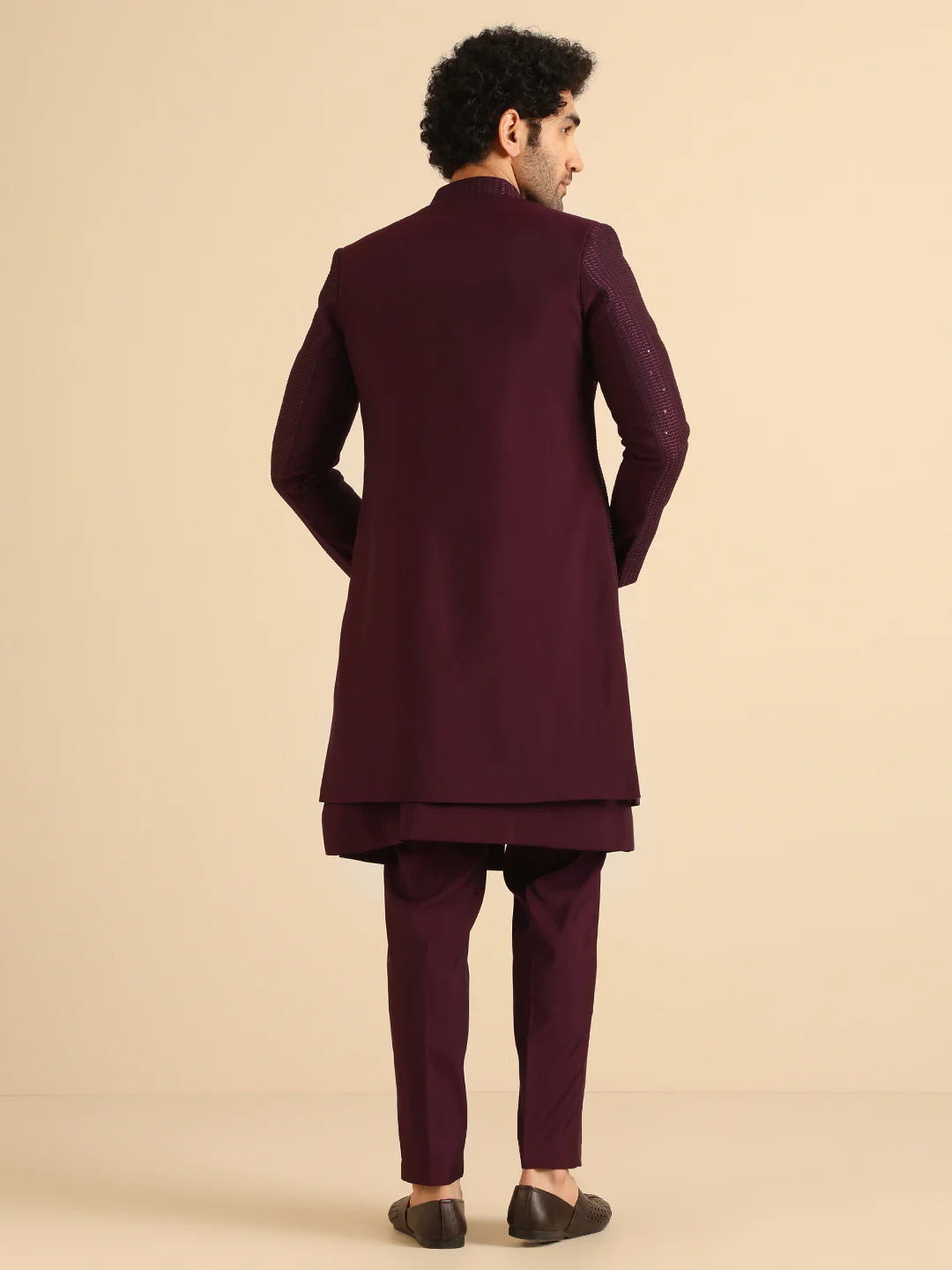 Maroon Silk Blend Mirror Work Sherwani Trouser Set - Image 5