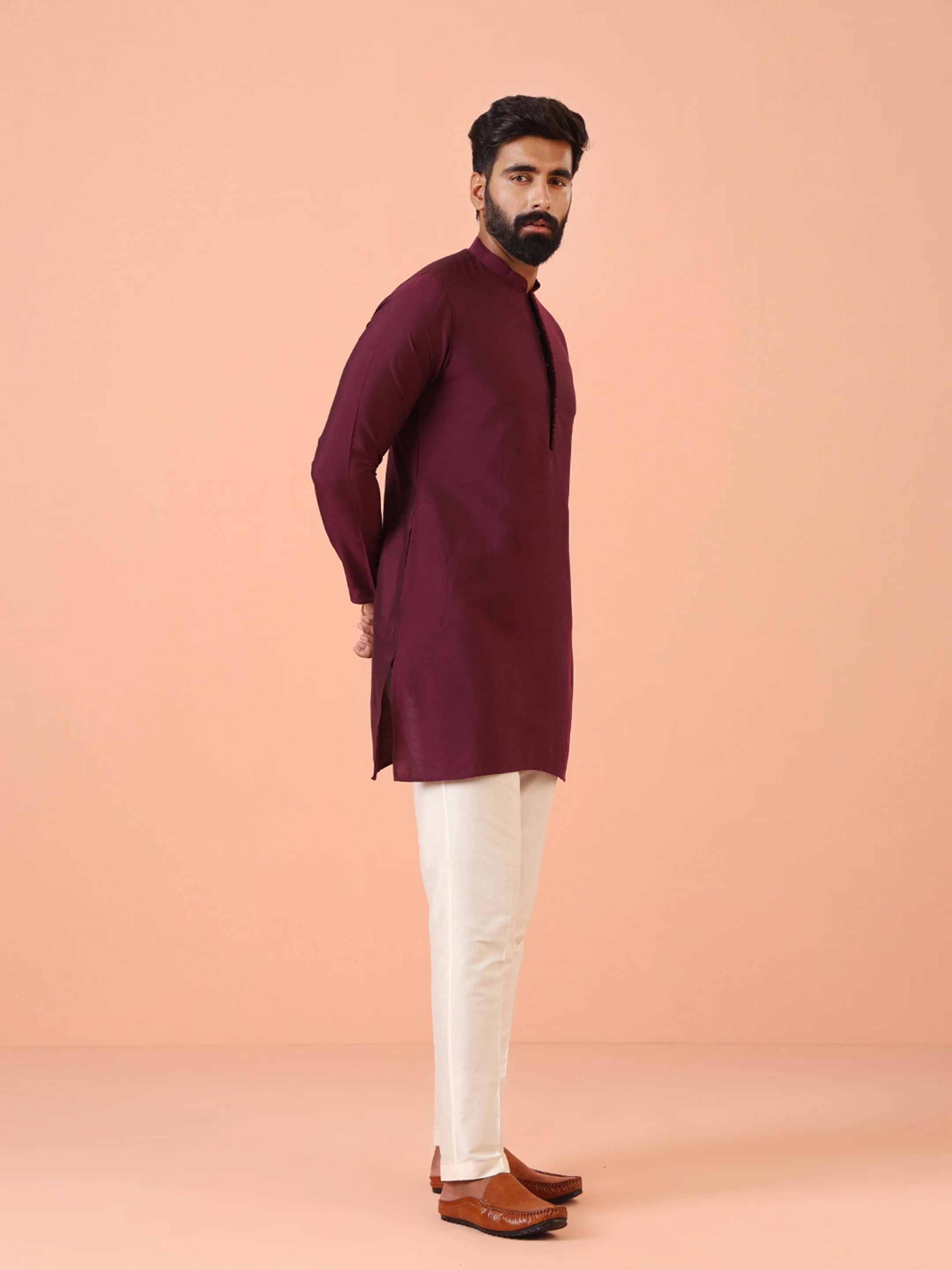 Wine Solid Silk Blend Mid Kurta - Image 2